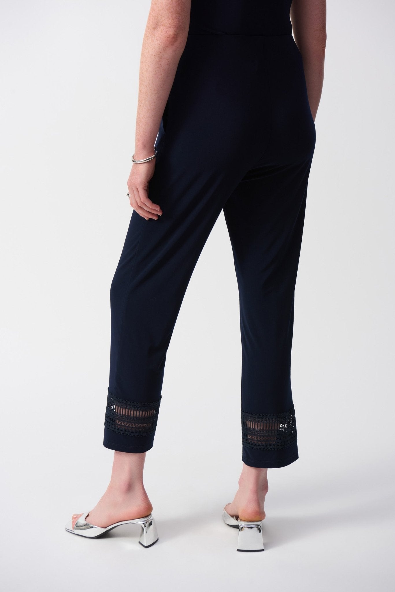 Shop PRE - ORDER Silky Knit Straight Pants With Guipure Detail | Midnight - Joseph Ribkoff