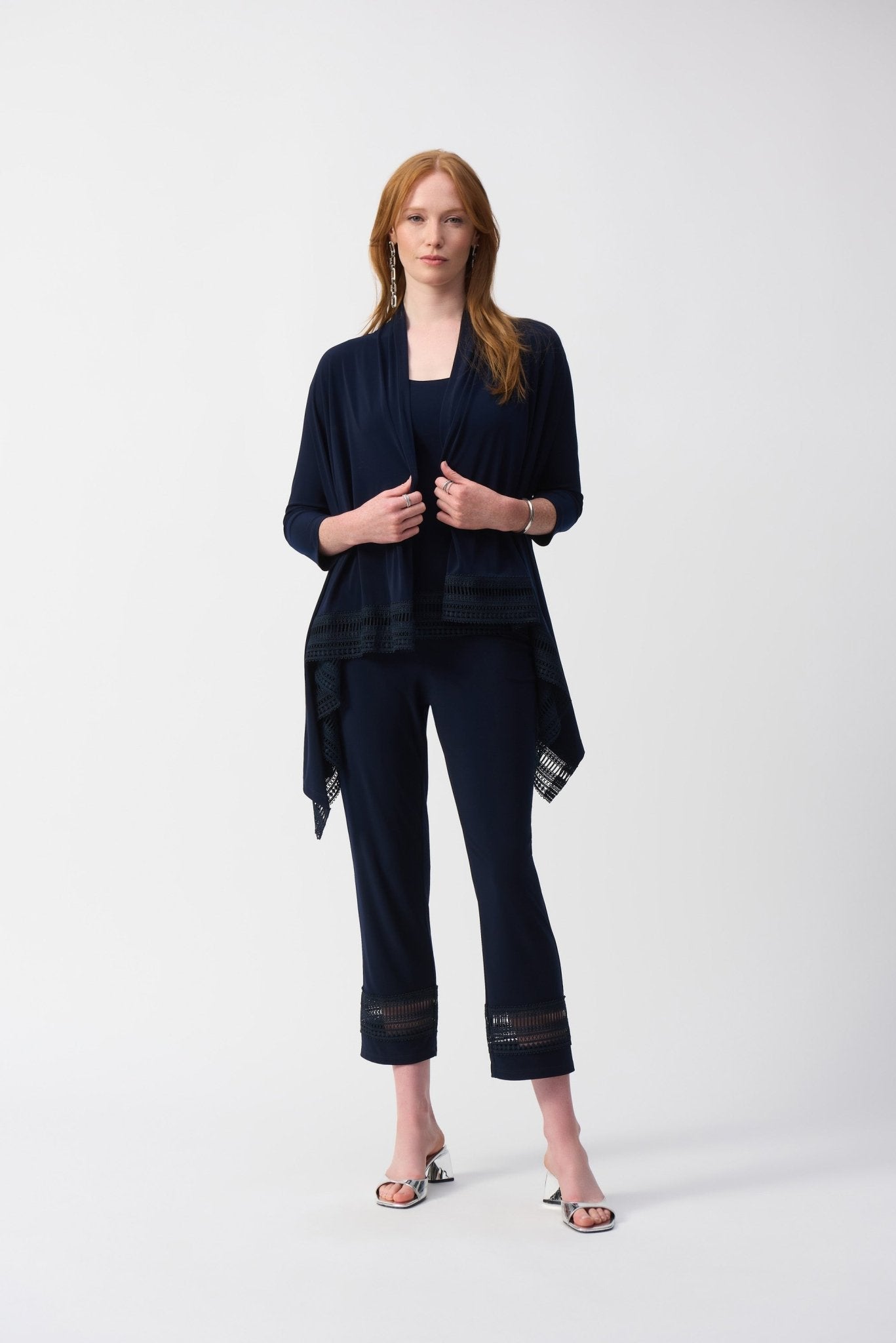 Shop PRE - ORDER Silky Knit Straight Pants With Guipure Detail | Midnight - Joseph Ribkoff