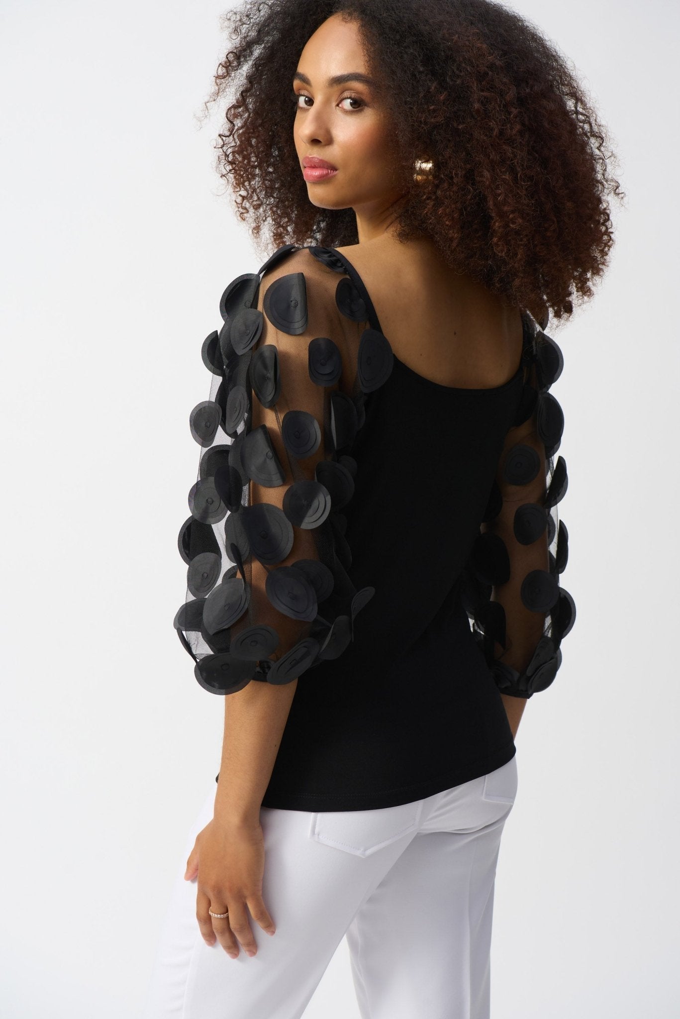 Shop PRE - ORDER Silky Knit Top WIth 3D Dot Sleeves Style 251273 | Black - JOSEPH RIBKOFF