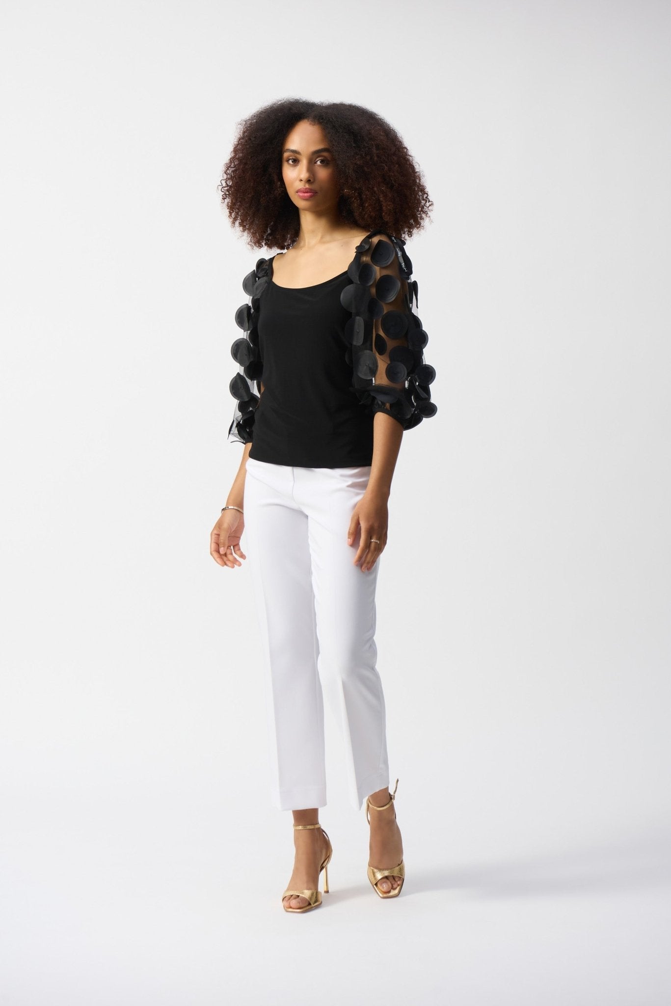 Shop PRE - ORDER Silky Knit Top WIth 3D Dot Sleeves Style 251273 | Black - JOSEPH RIBKOFF