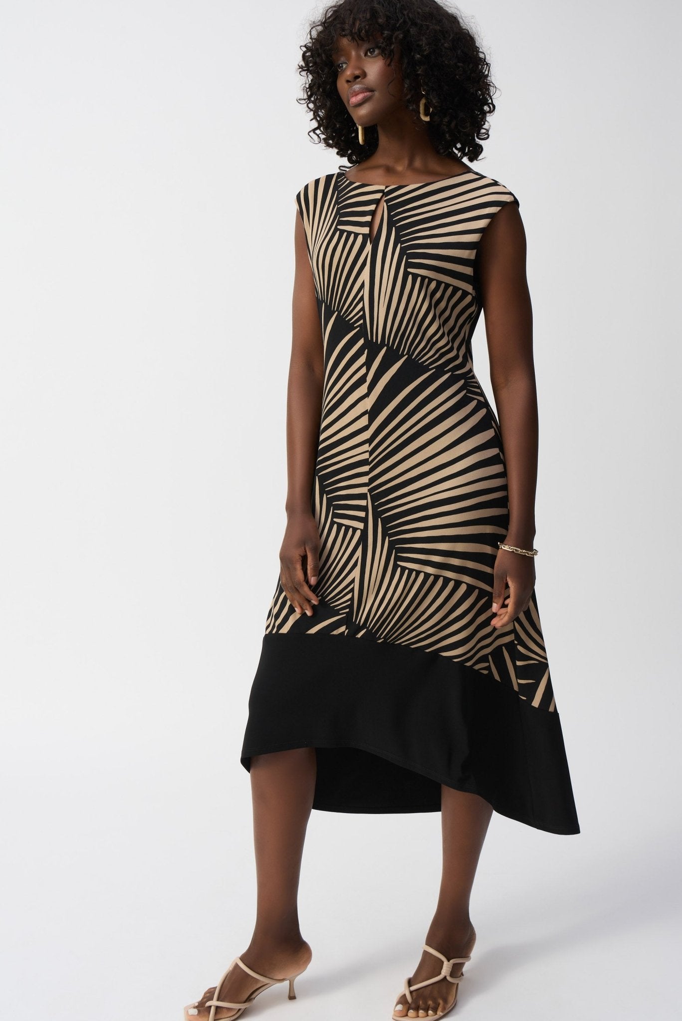 Shop PRE - ORDER Silky Knit Tropical Print High - Low Dress Style 251107 │ Black Dune Print - Joseph Ribkoff