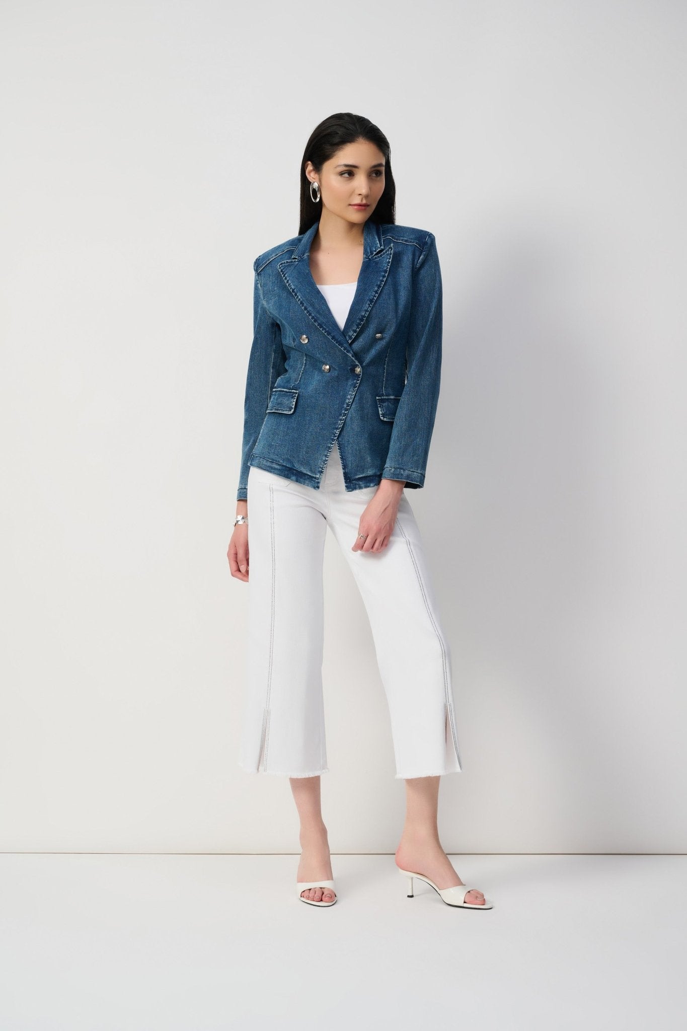 Shop PRE - ORDER Stretch Denim Double - Breasted Blazer Style 251962 | Medium Blue - Joseph Ribkoff