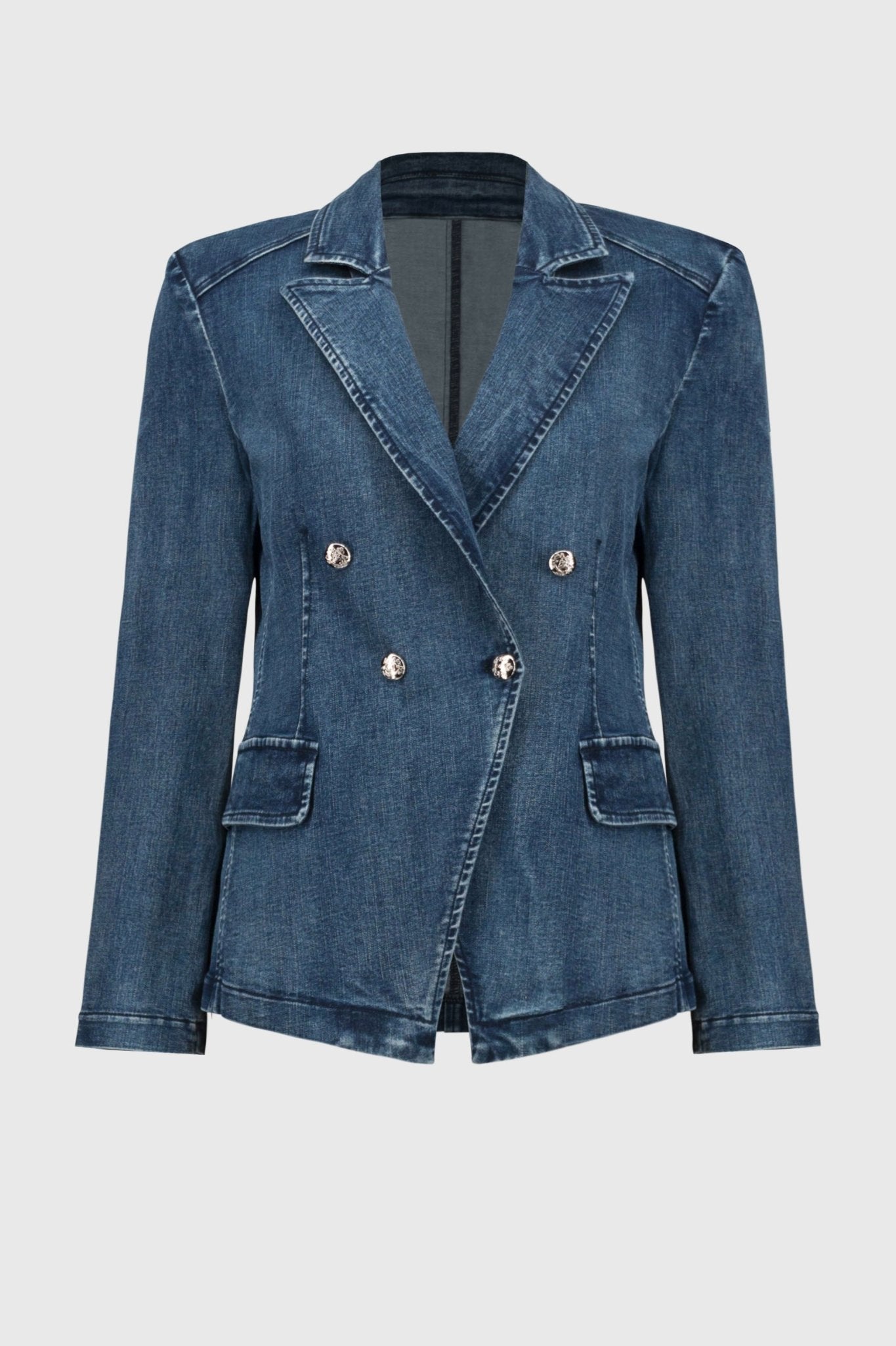 Shop PRE - ORDER Stretch Denim Double - Breasted Blazer Style 251962 | Medium Blue - Joseph Ribkoff