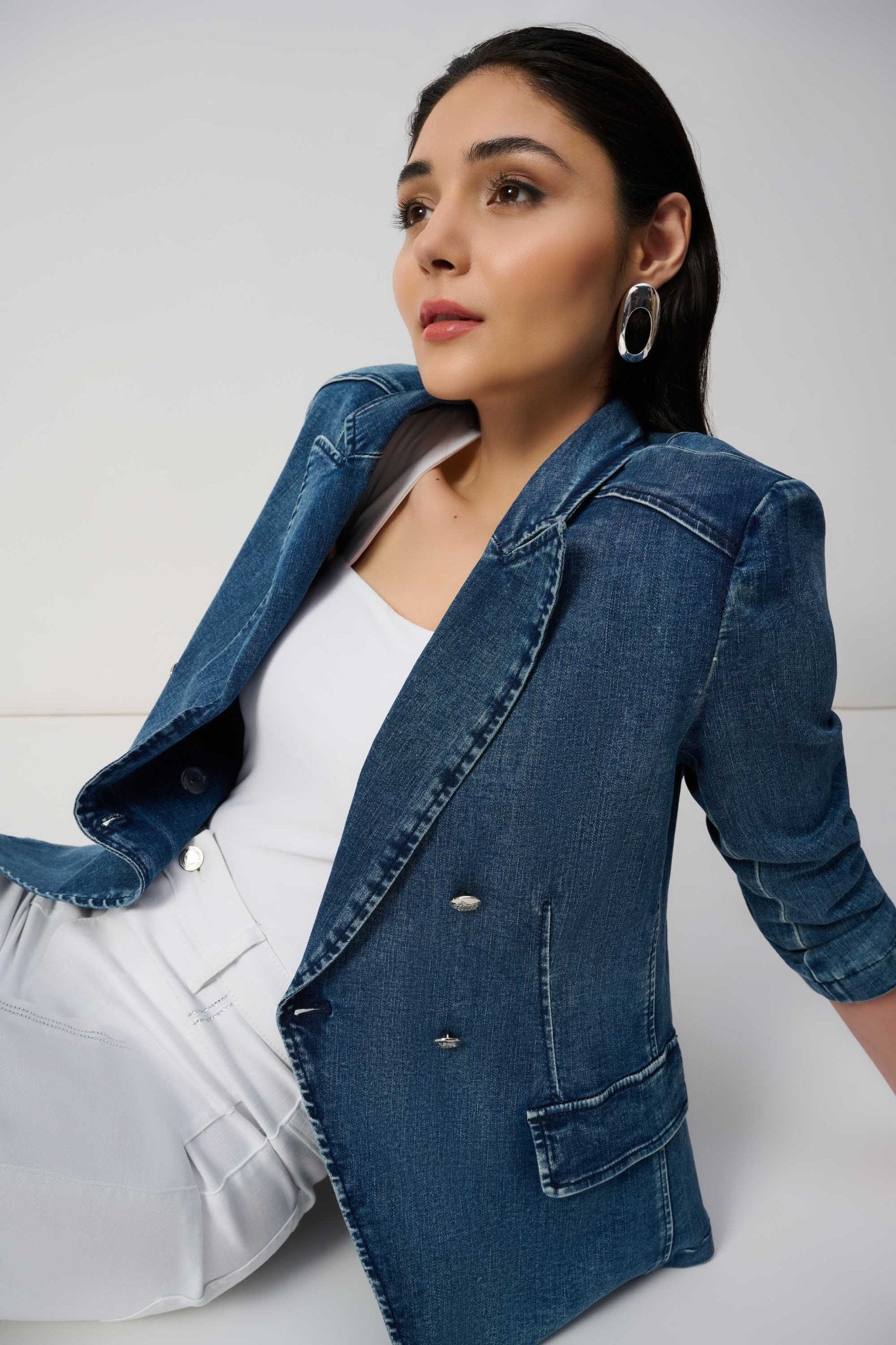 Shop PRE - ORDER Stretch Denim Double - Breasted Blazer Style 251962 | Medium Blue - Joseph Ribkoff