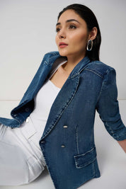 Shop PRE - ORDER Stretch Denim Double - Breasted Blazer Style 251962 | Medium Blue - Joseph Ribkoff