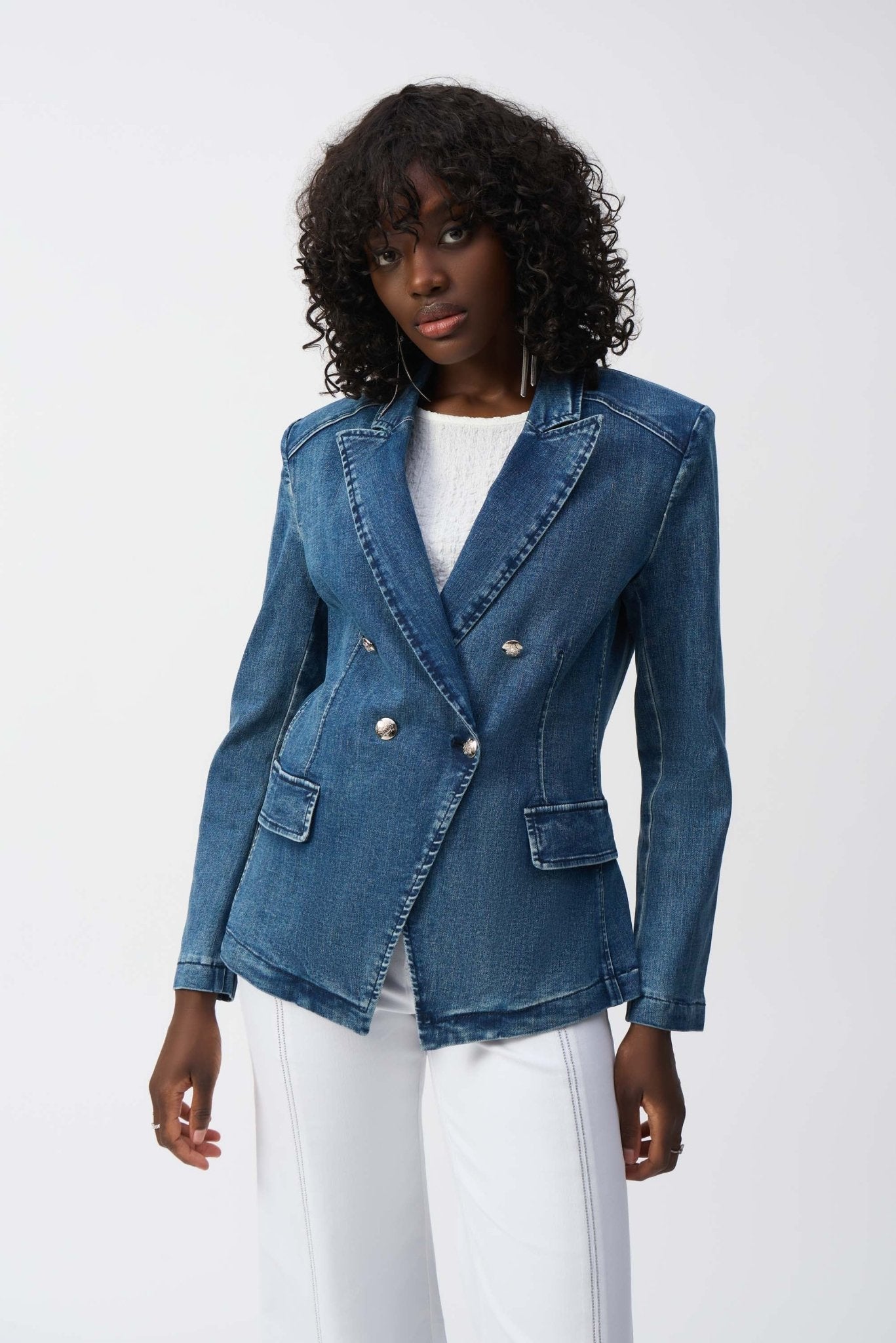 Shop PRE - ORDER Stretch Denim Double - Breasted Blazer Style 251962 | Medium Blue - Joseph Ribkoff