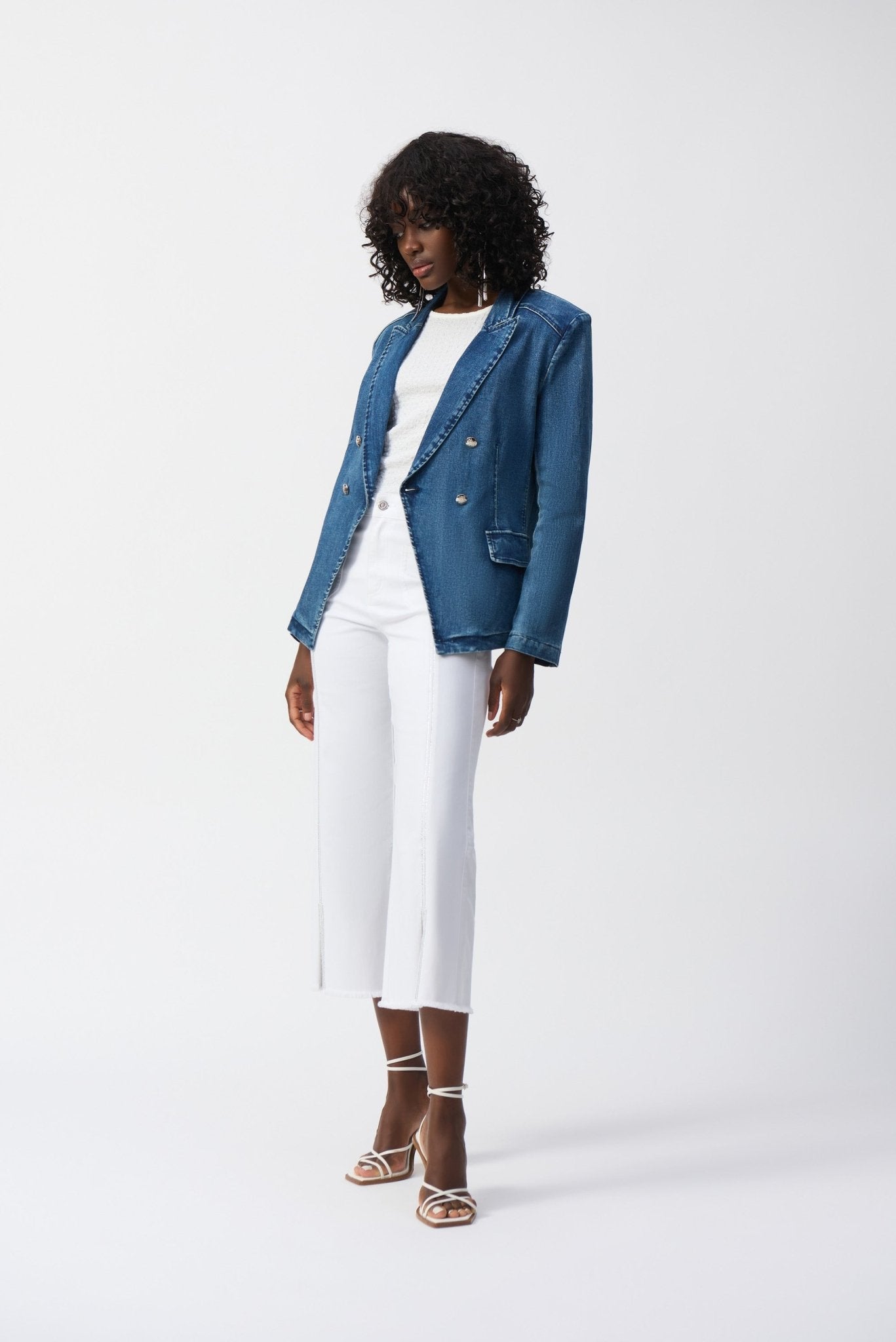 Shop PRE - ORDER Stretch Denim Double - Breasted Blazer Style 251962 | Medium Blue - Joseph Ribkoff