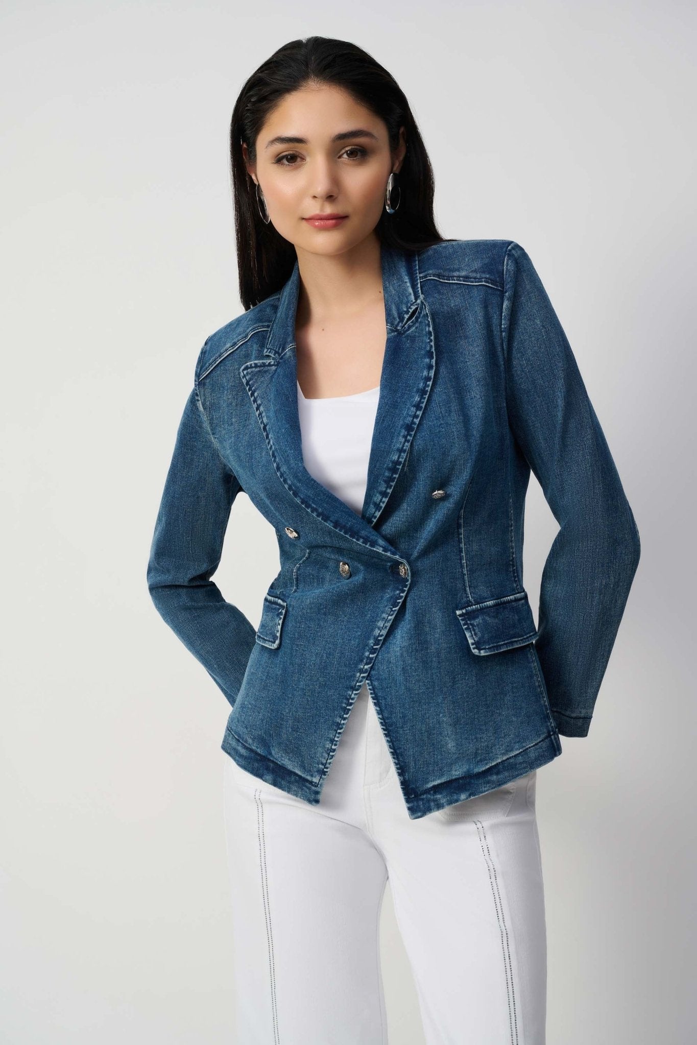 Shop PRE - ORDER Stretch Denim Double - Breasted Blazer Style 251962 | Medium Blue - Joseph Ribkoff