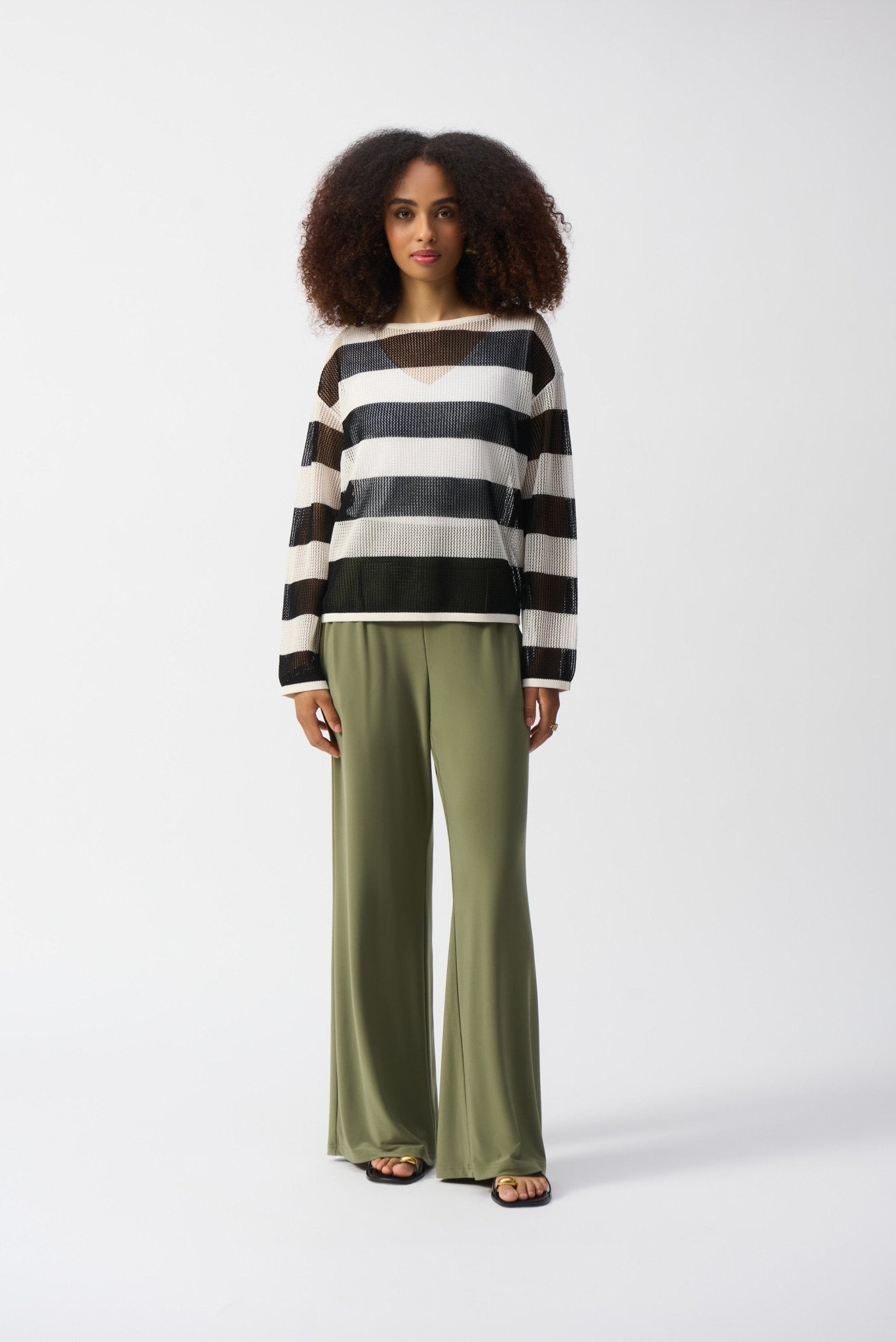 Shop PRE - ORDER Striped Sweater Knit Pullover Style 251922 | Vanilla/Black - Joseph Ribkoff