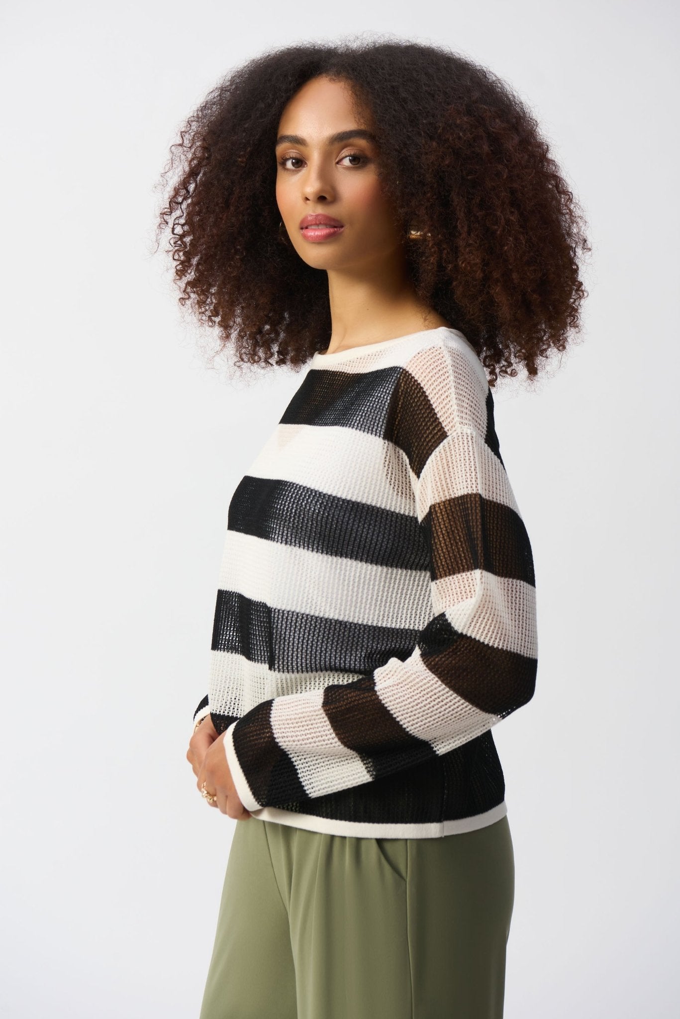 Shop PRE - ORDER Striped Sweater Knit Pullover Style 251922 | Vanilla/Black - Joseph Ribkoff