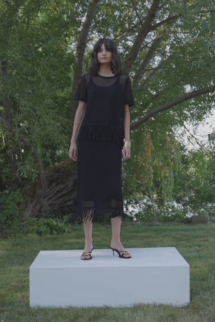 Joseph Ribkoff Viscose Sweater Knit Skirt With Fringe Trim