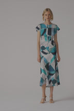 Joseph Ribkoff Textured Satin Geometric Print Fit and Flare Dress