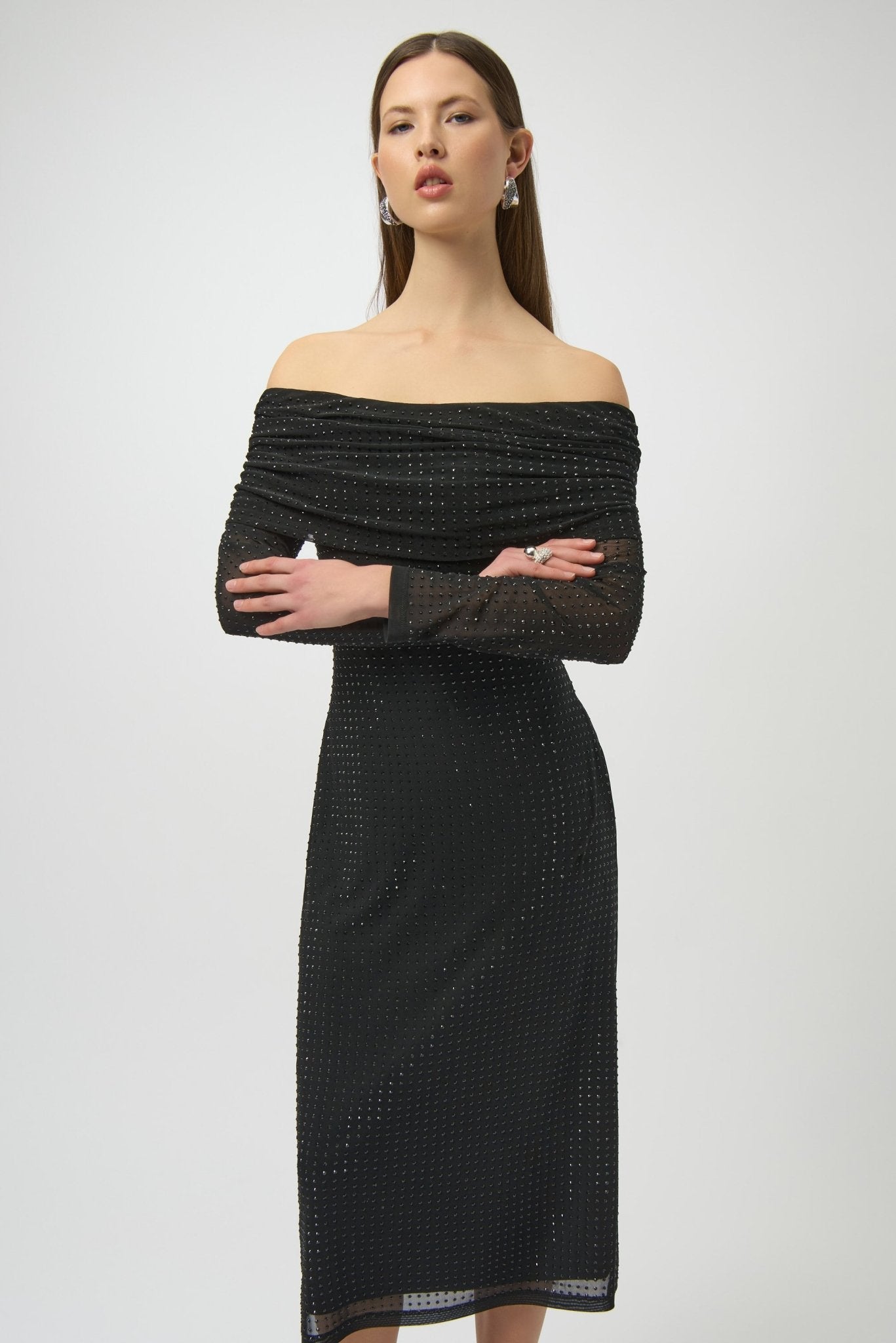 Shop Rhinestone Mesh Off - Shoulder Midi Dress - Joseph Ribkoff