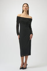 Joseph Ribkoff Mesh Off–Shoulder Midi Dress