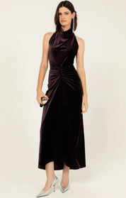 Woman wearing Sacha Drake Lavish Velvet dress in amerthyst colour