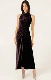 women wearing Sacha Drake Lavish Velvet Cowl Dress in Amethyst on white background