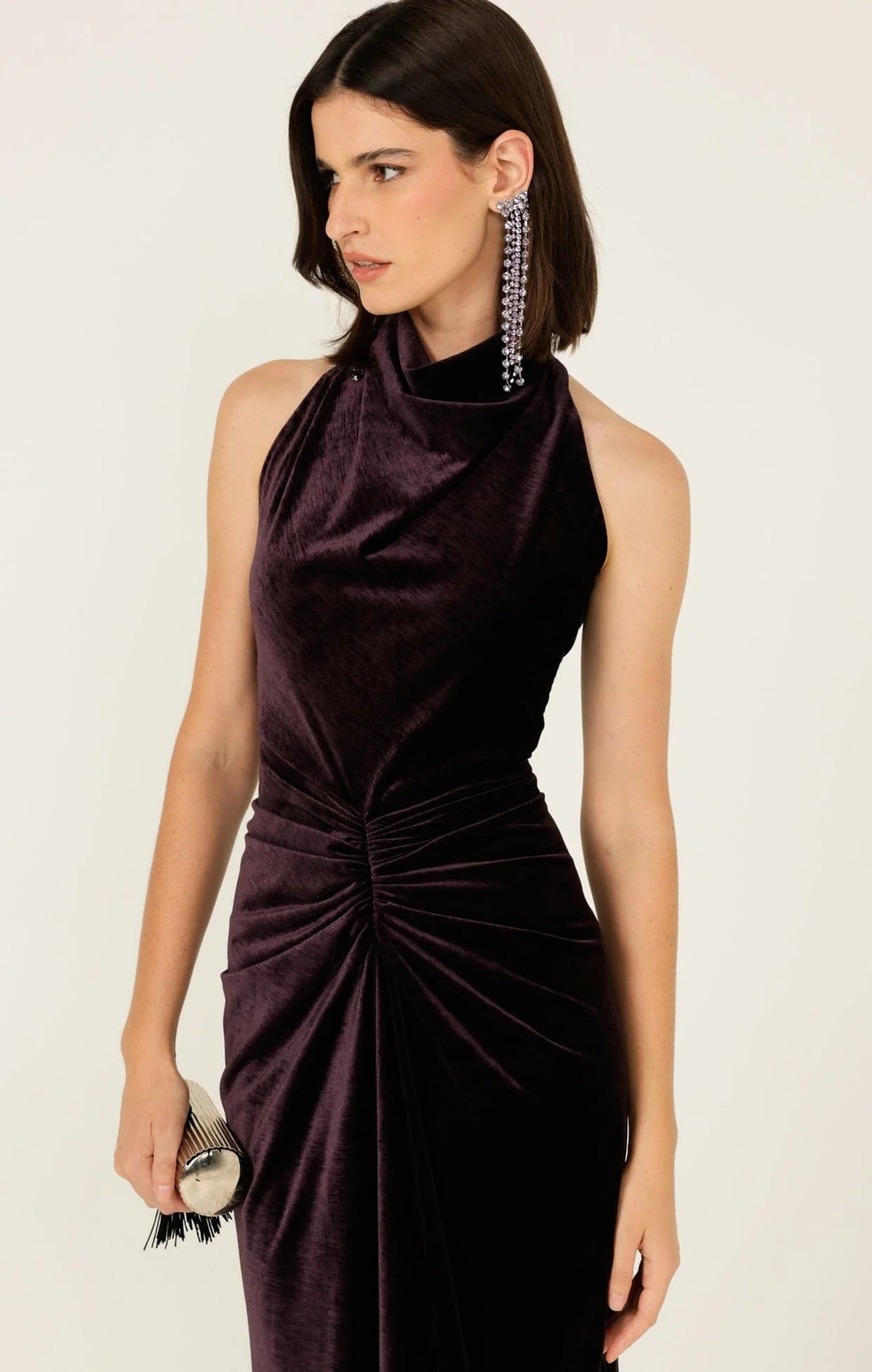 close up of woman wearing Sacha Drake Lavish Velvet Cowl Dress in Amethyst 