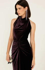 close up of woman wearing Sacha Drake Lavish Velvet Cowl Dress in Amethyst 