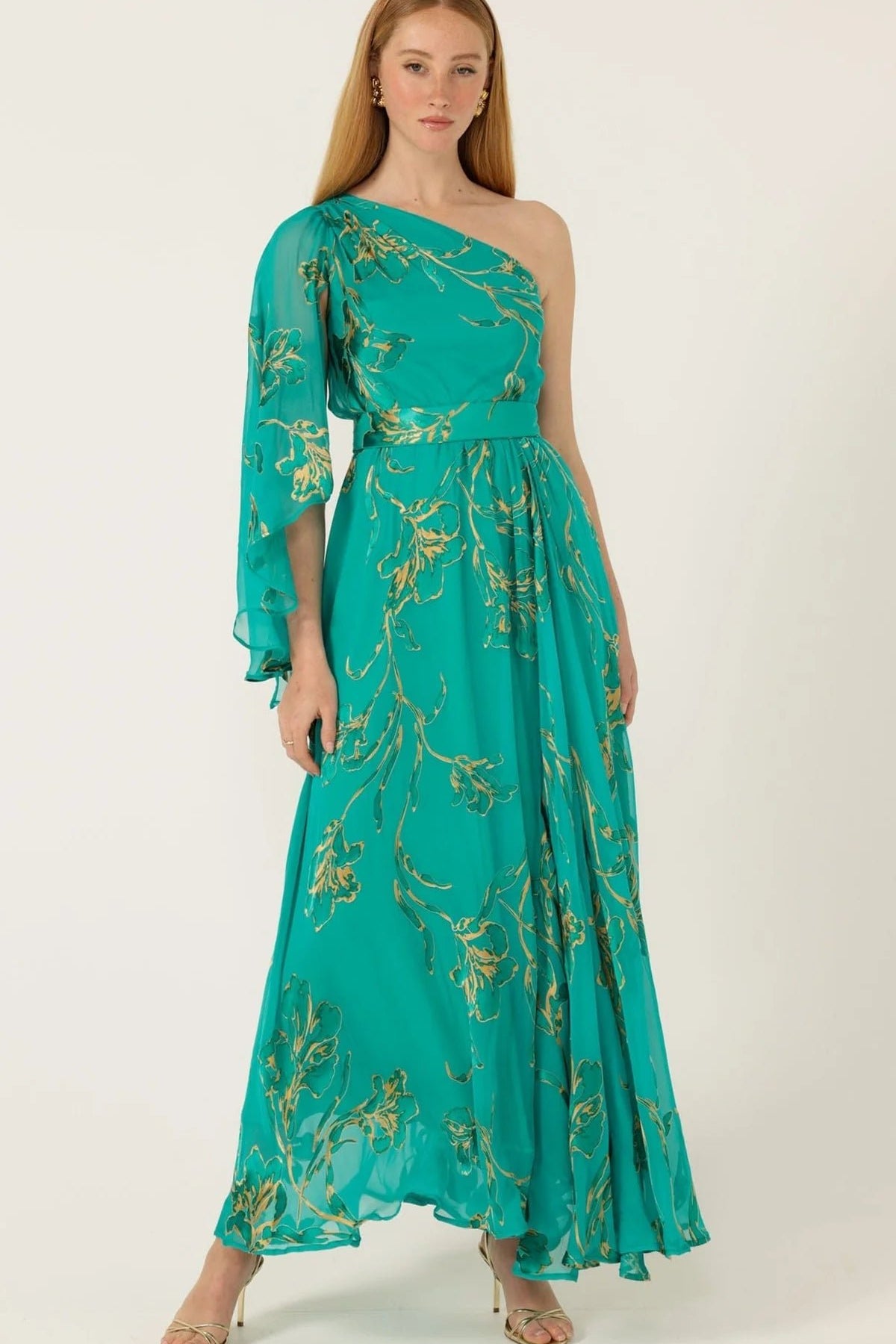 Model wearing Green One Shoulder Lorelei Maxi Dress