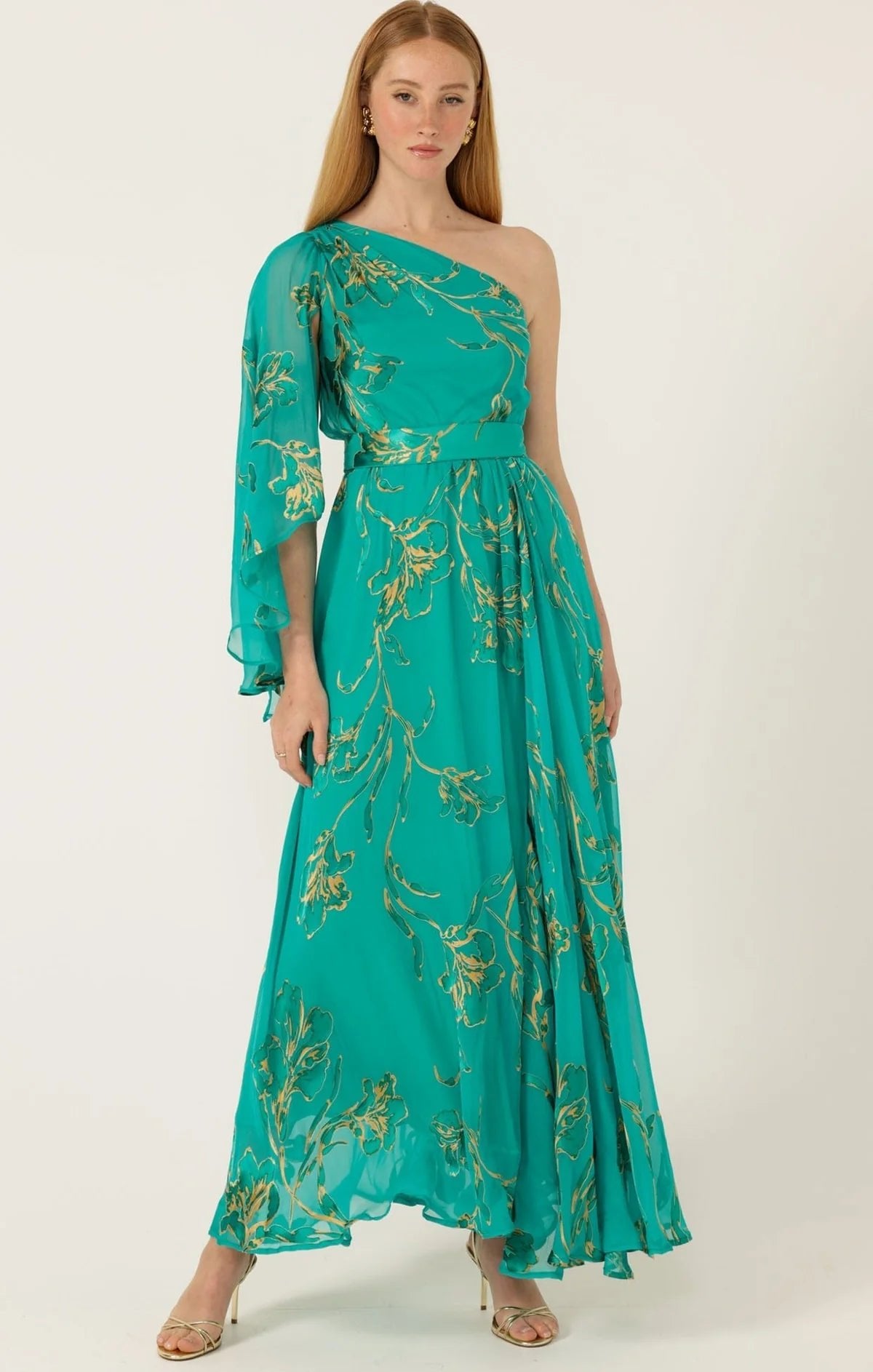 Model wearing Green One Shoulder Lorelei Maxi Dress