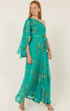 Side view of model wearing Sacha Drake Green Lorelei Maxi Dress