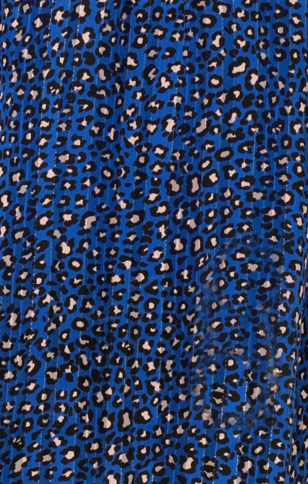 Close-up of blue fabric swatch with black and pink leopard print pattern