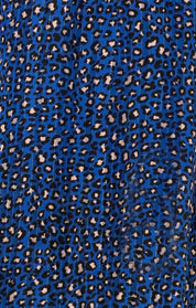 Close-up of blue fabric swatch with black and pink leopard print pattern