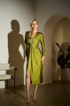 Shop Satin Effect Knit Draped V - Neck Sheath Dress 253714 - Joseph Ribkoff