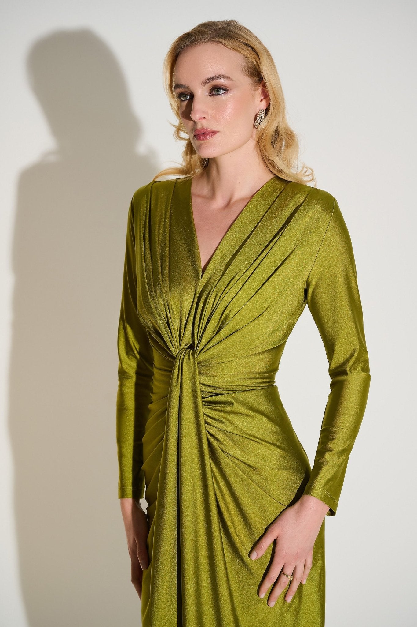 Shop Satin Effect Knit Draped V - Neck Sheath Dress 253714 - Joseph Ribkoff