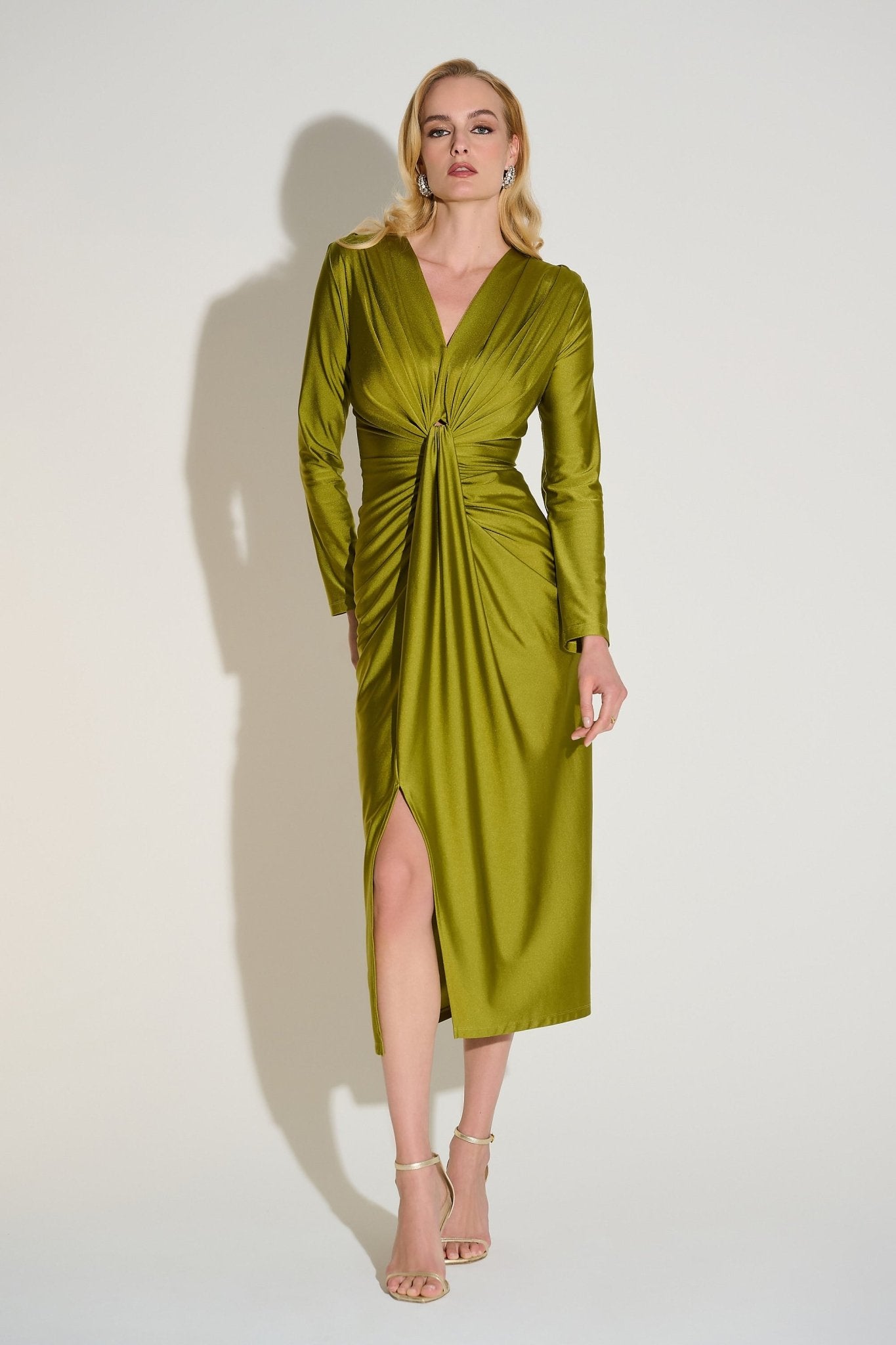 Shop Satin Effect Knit Draped V - Neck Sheath Dress 253714 - Joseph Ribkoff