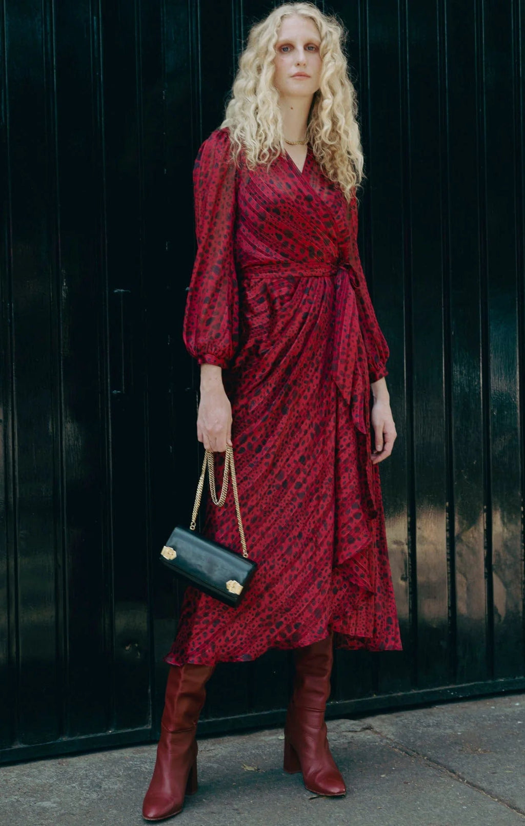 Shop Savoir Midi Wrap Dress in Red Black - Sacha Drake