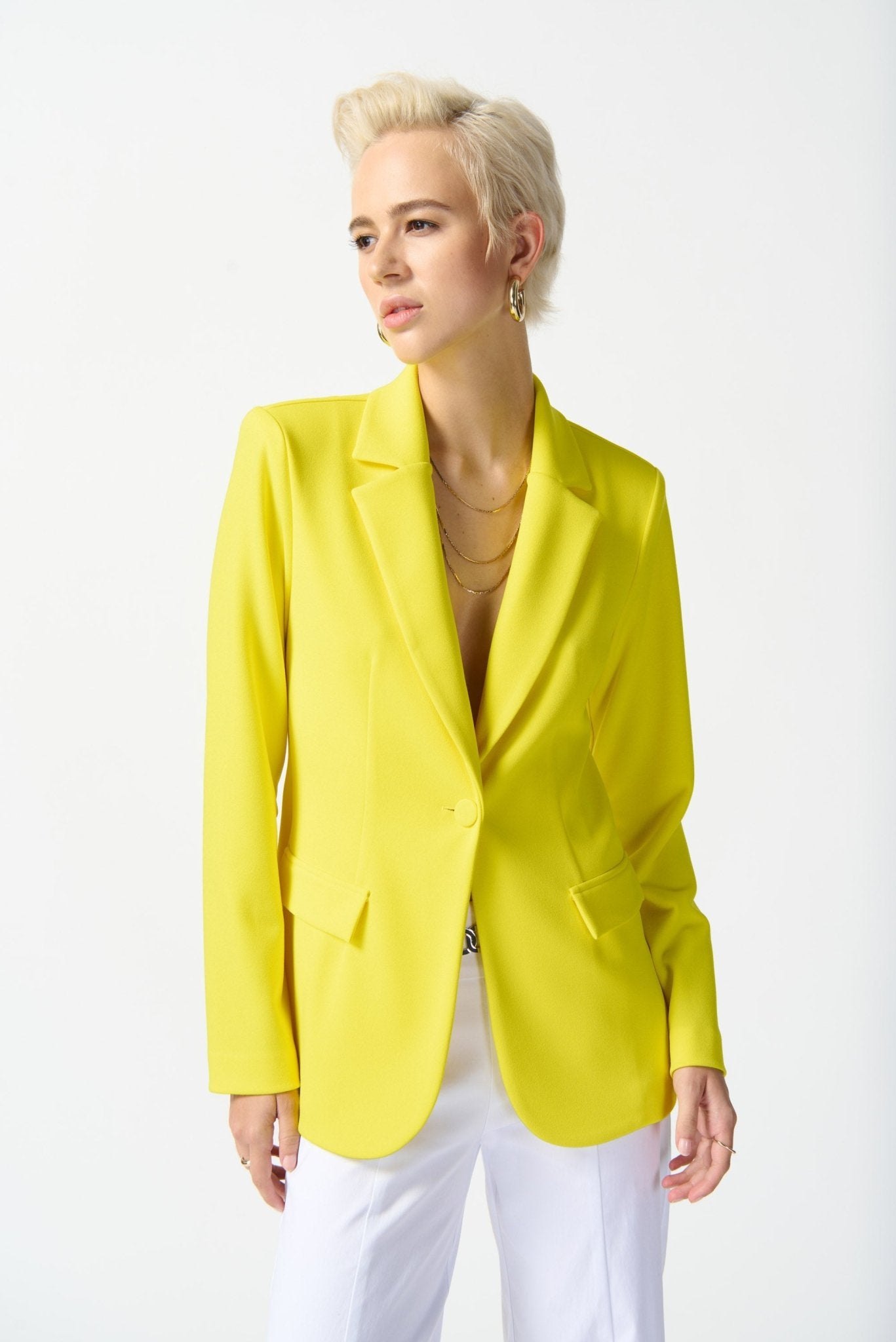 Shop Scuba Crepe Fitted Blazer Style 242201| Sunlight Yellow - Joseph Ribkoff