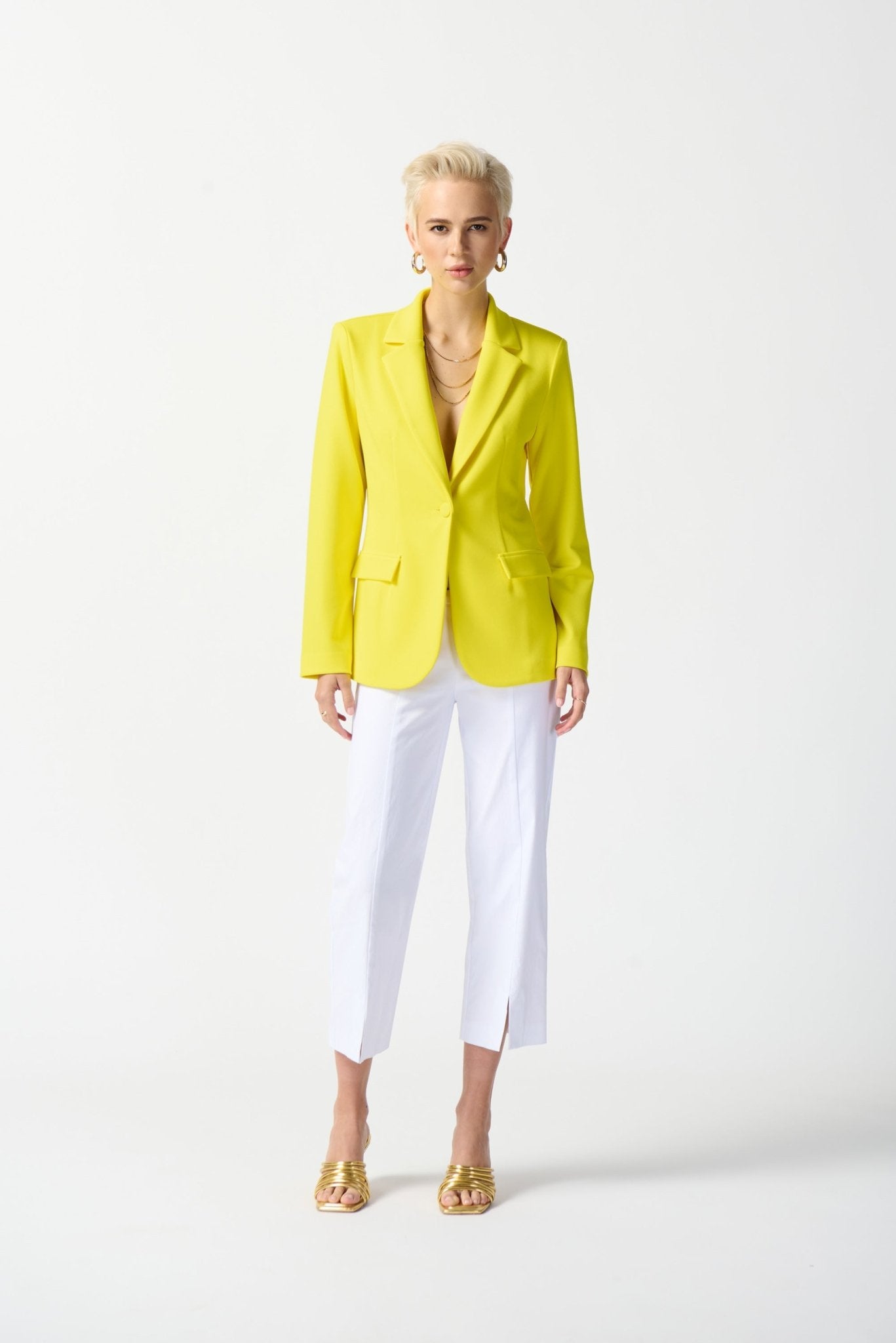 Shop Scuba Crepe Fitted Blazer Style 242201| Sunlight Yellow - Joseph Ribkoff