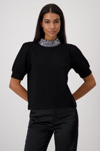 Shop Short Sleeve Sequin Collar Top - Monari