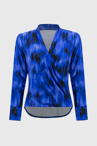 Shop Silky Knit Abstract Print Wrap Top Style 244075 | Royal Sapphire/Multi - Joseph Ribkoff