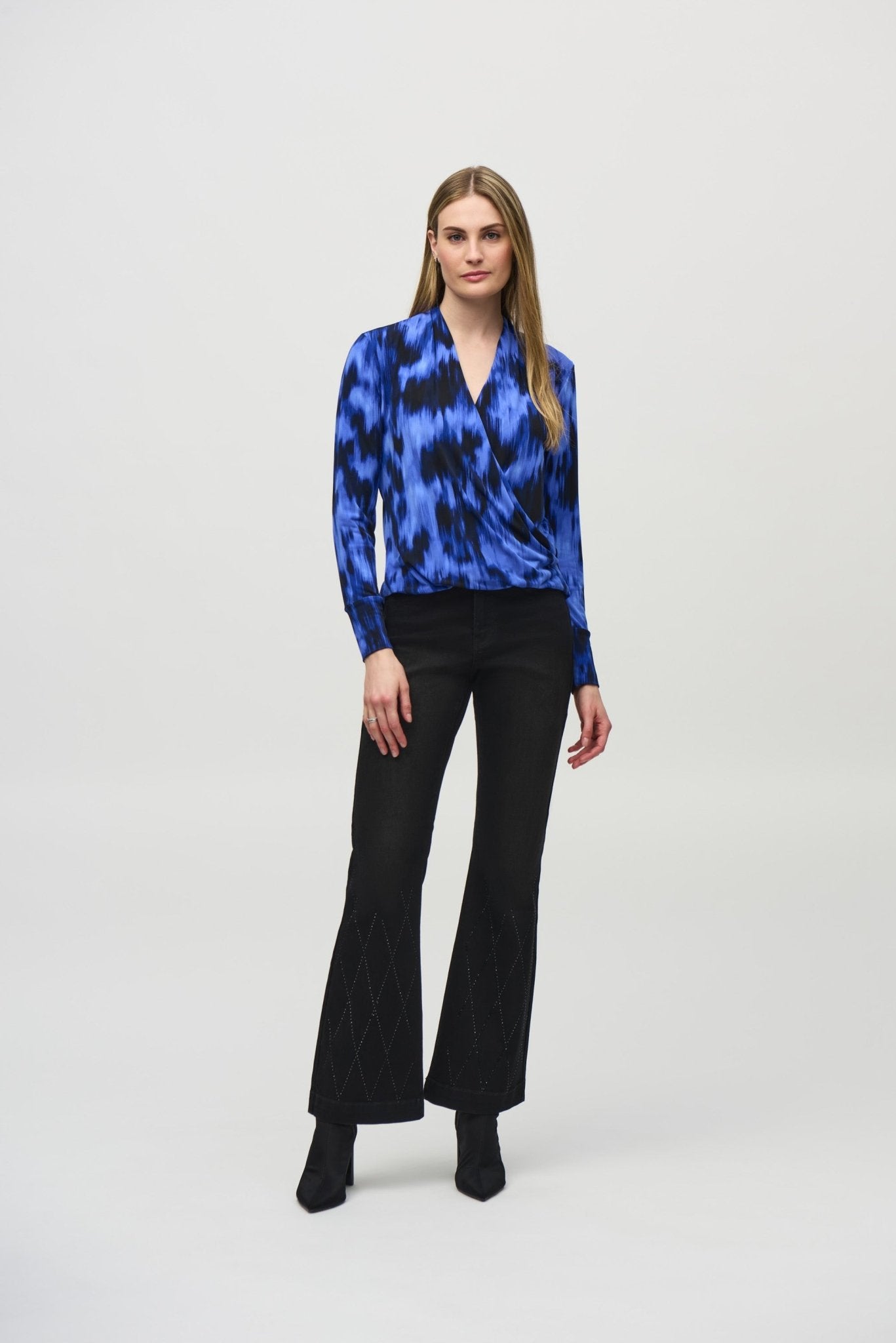 Shop Silky Knit Abstract Print Wrap Top Style 244075 | Royal Sapphire/Multi - Joseph Ribkoff