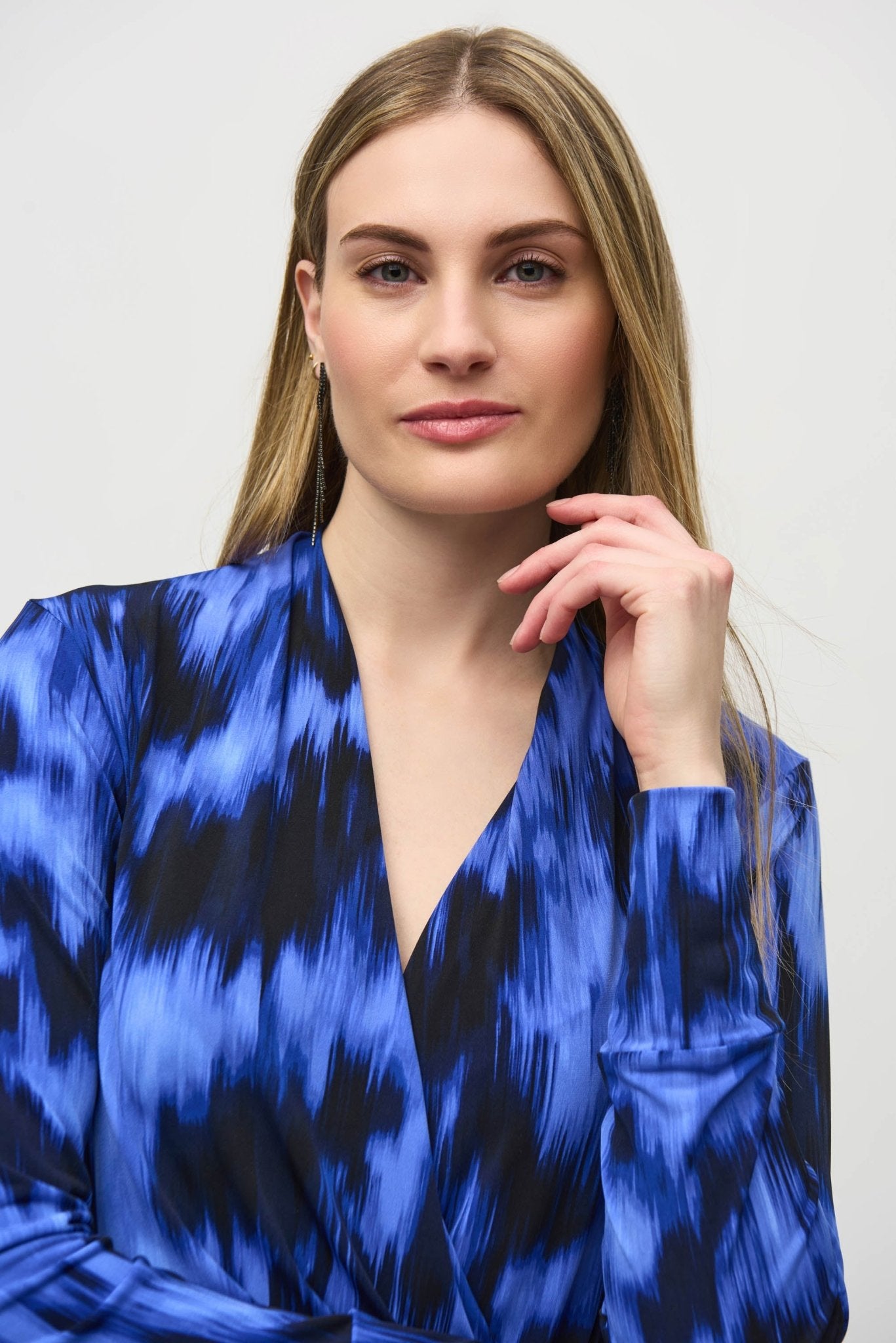 Shop Silky Knit Abstract Print Wrap Top Style 244075 | Royal Sapphire/Multi - Joseph Ribkoff