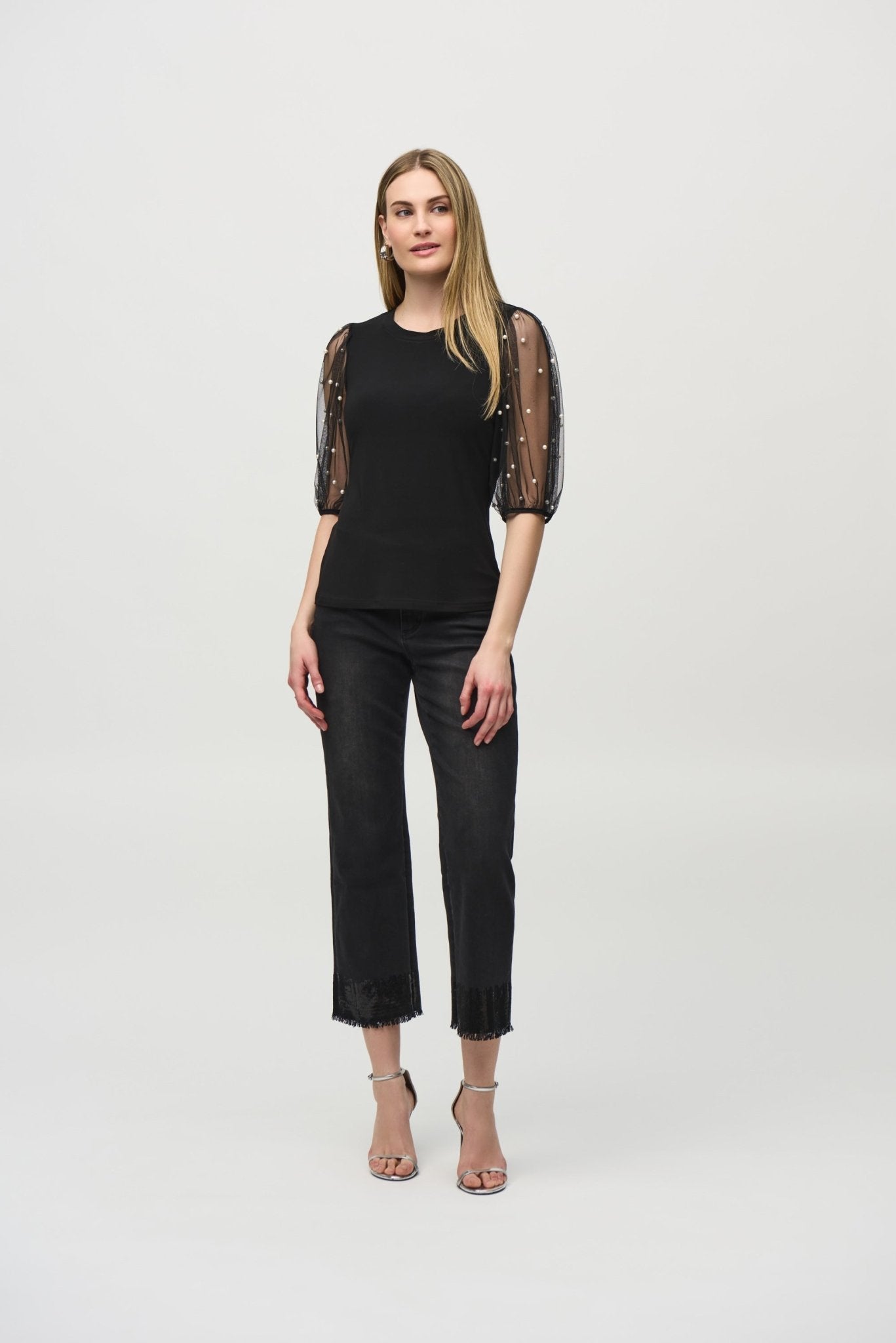 Shop Silky Knit Top With Pearl Embellished Mesh Sleeves Style 244189 | Black - JOSEPH RIBKOFF