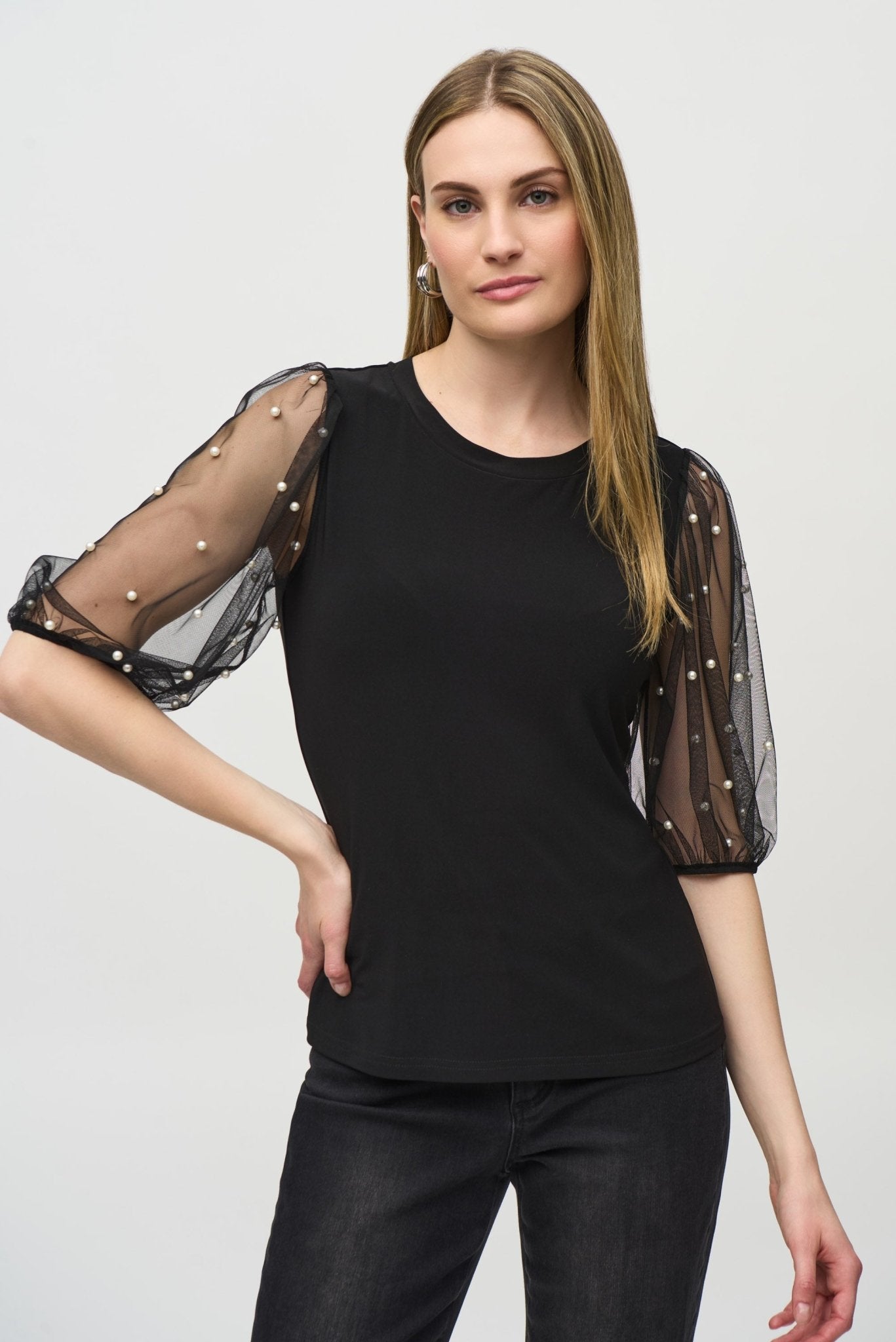 Shop Silky Knit Top With Pearl Embellished Mesh Sleeves Style 244189 | Black - JOSEPH RIBKOFF