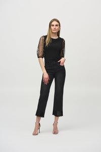 Shop Silky Knit Top With Pearl Embellished Mesh Sleeves Style 244189 | Black - JOSEPH RIBKOFF