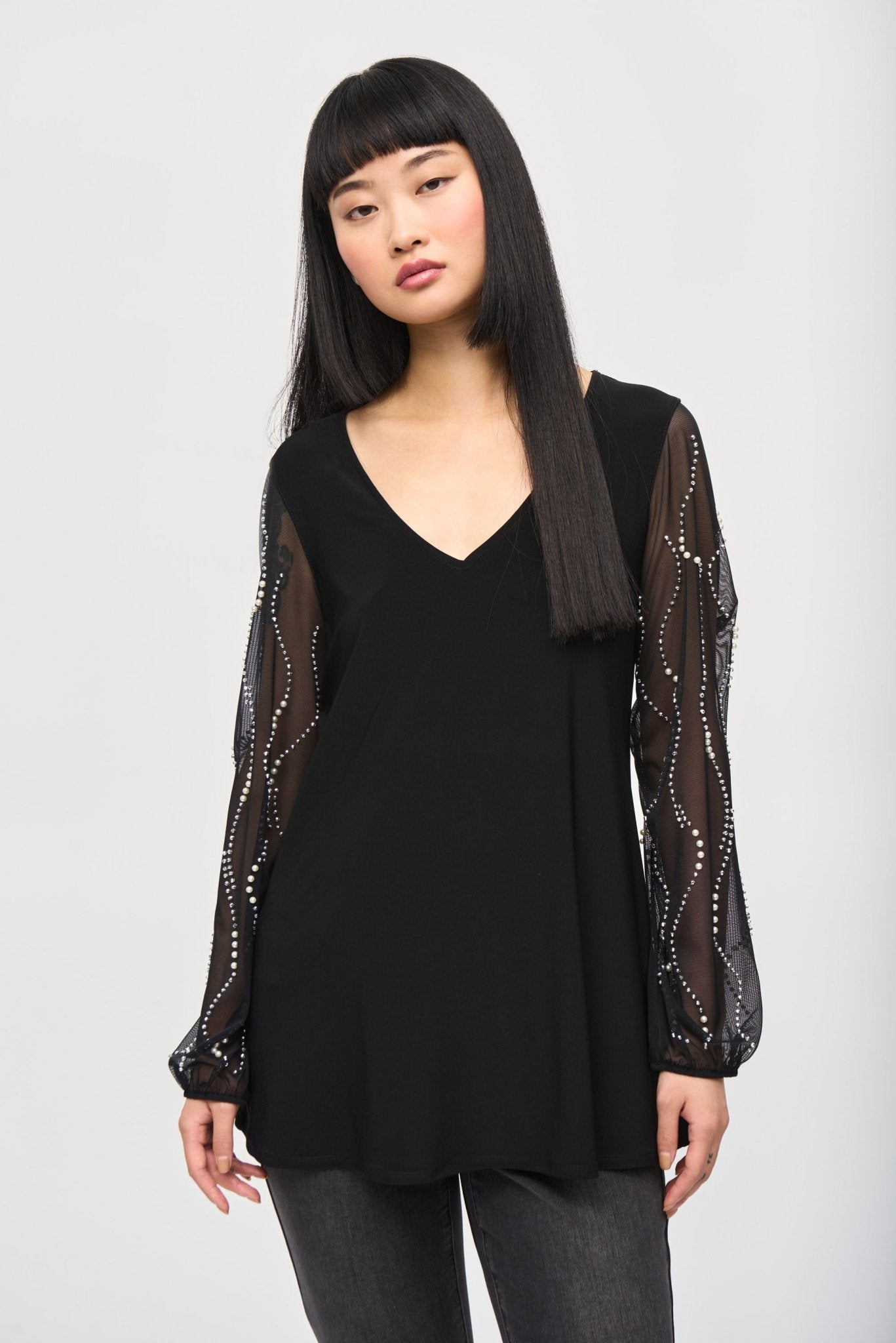 Shop Silky Knit Tunic with Beaded Sleeve Style 243132 | Black - JOSEPH RIBKOFF