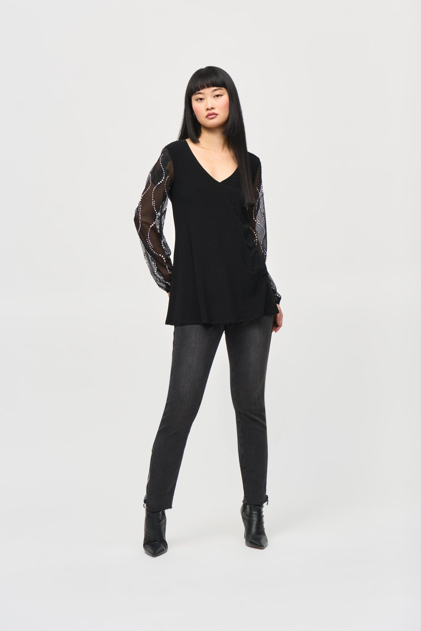 Shop Silky Knit Tunic with Beaded Sleeve Style 243132 | Black - JOSEPH RIBKOFF