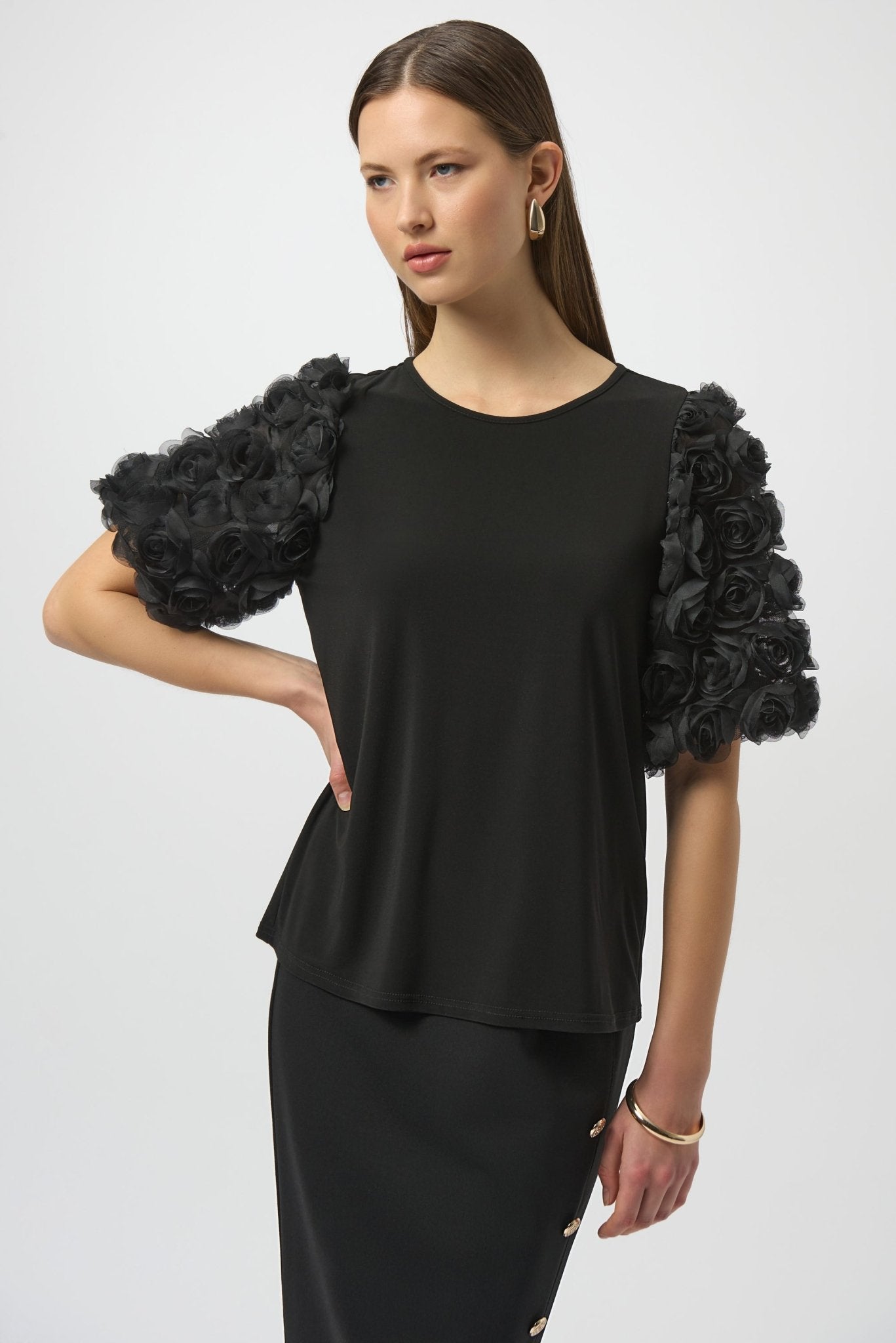 Shop Silky Top With Rosette Embroidered Sleeves - Joseph Ribkoff