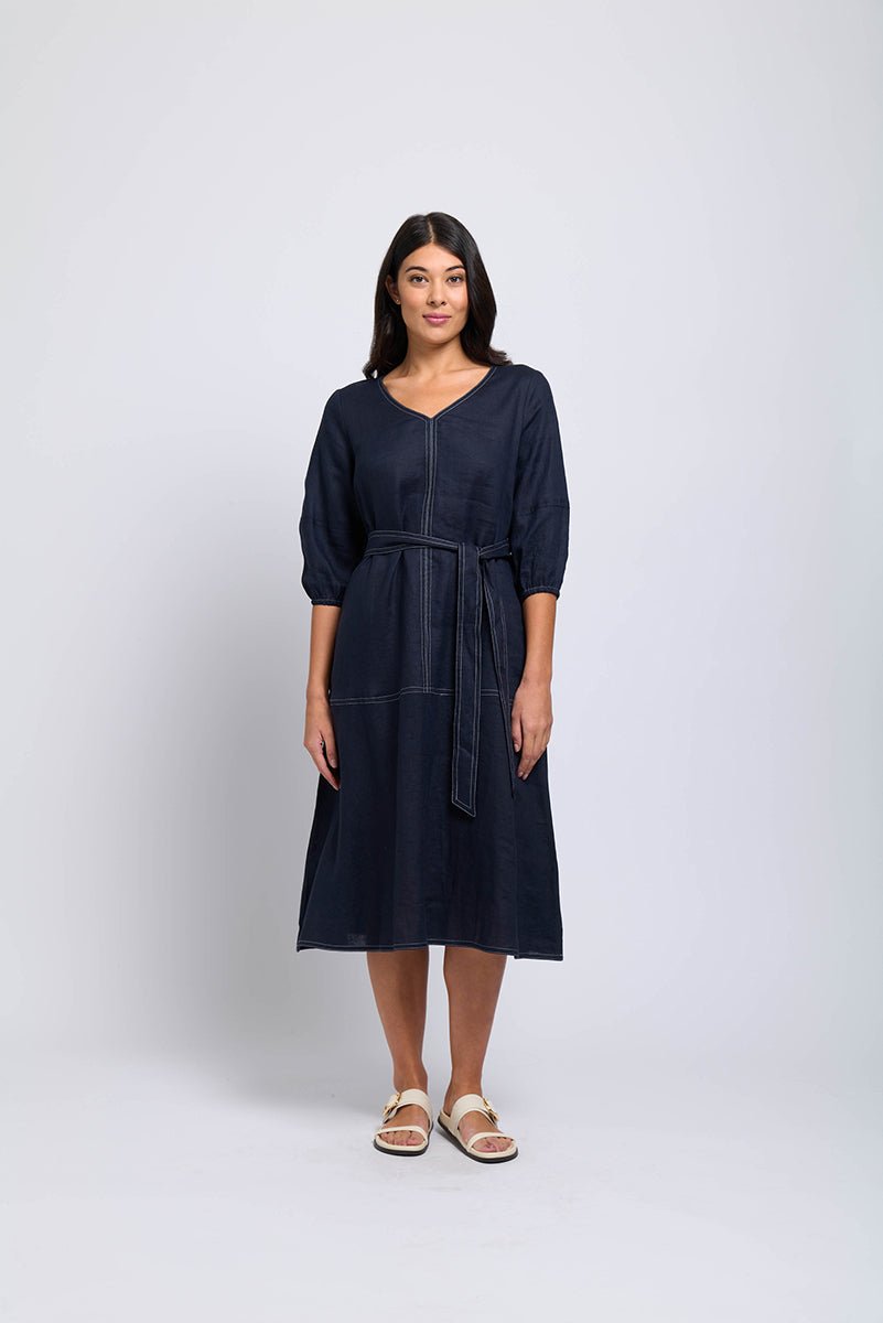 Shop Stitch & Shout Linen Midi Dress | Midnight - Foil