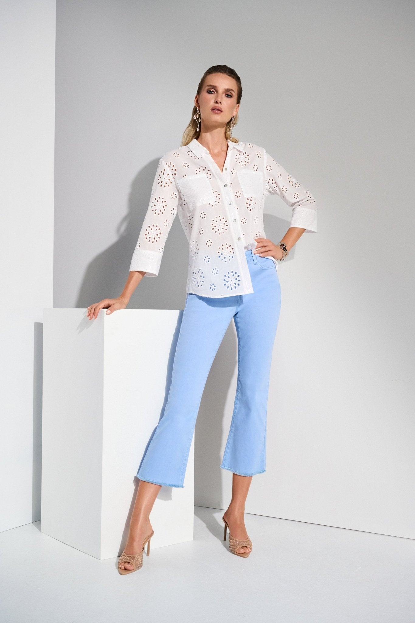 Shop Stretch Flare Crop Jeans with Frayed Hem - Joseph Ribkoff