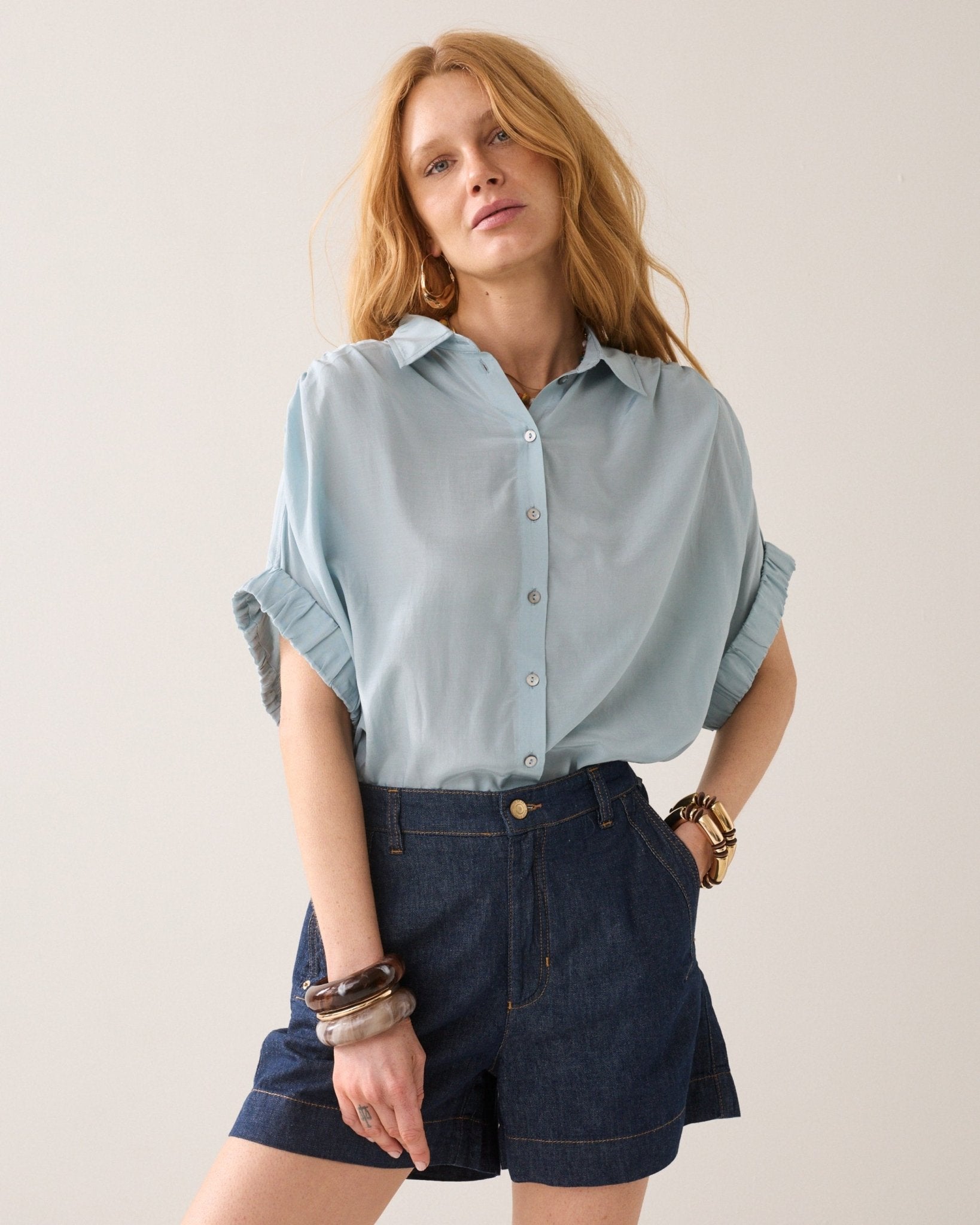 Shop Summum Woman Short Sleeve Vi Cotton Blouse Glacier Blue - Summum Woman