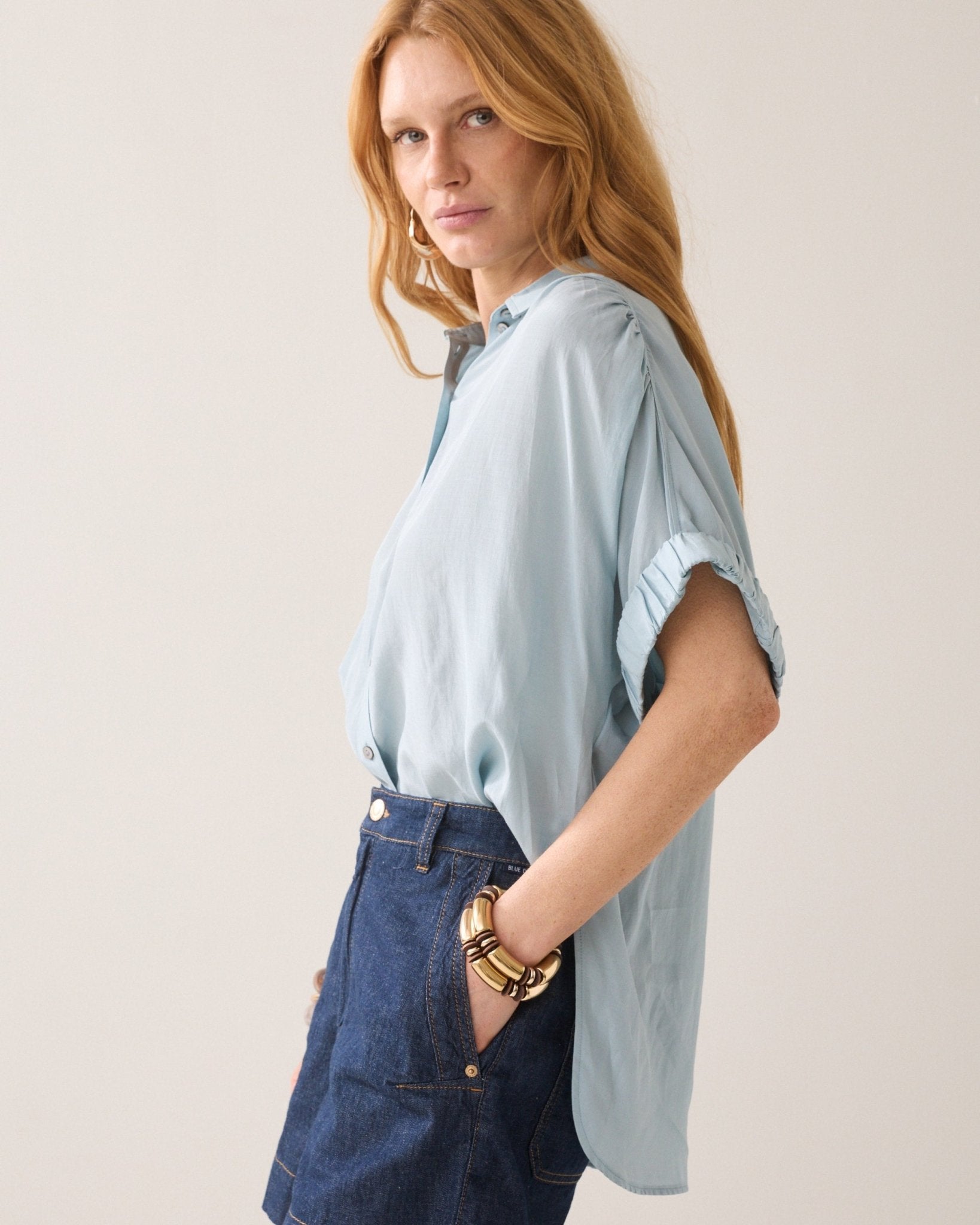 Shop Summum Woman Short Sleeve Vi Cotton Blouse Glacier Blue - Summum Woman