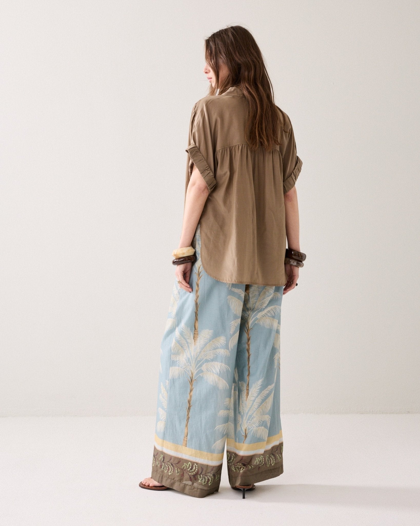 Shop Summum Woman Wide Leg Trouser Palm Tree Print Glacier Blue - Summum Woman