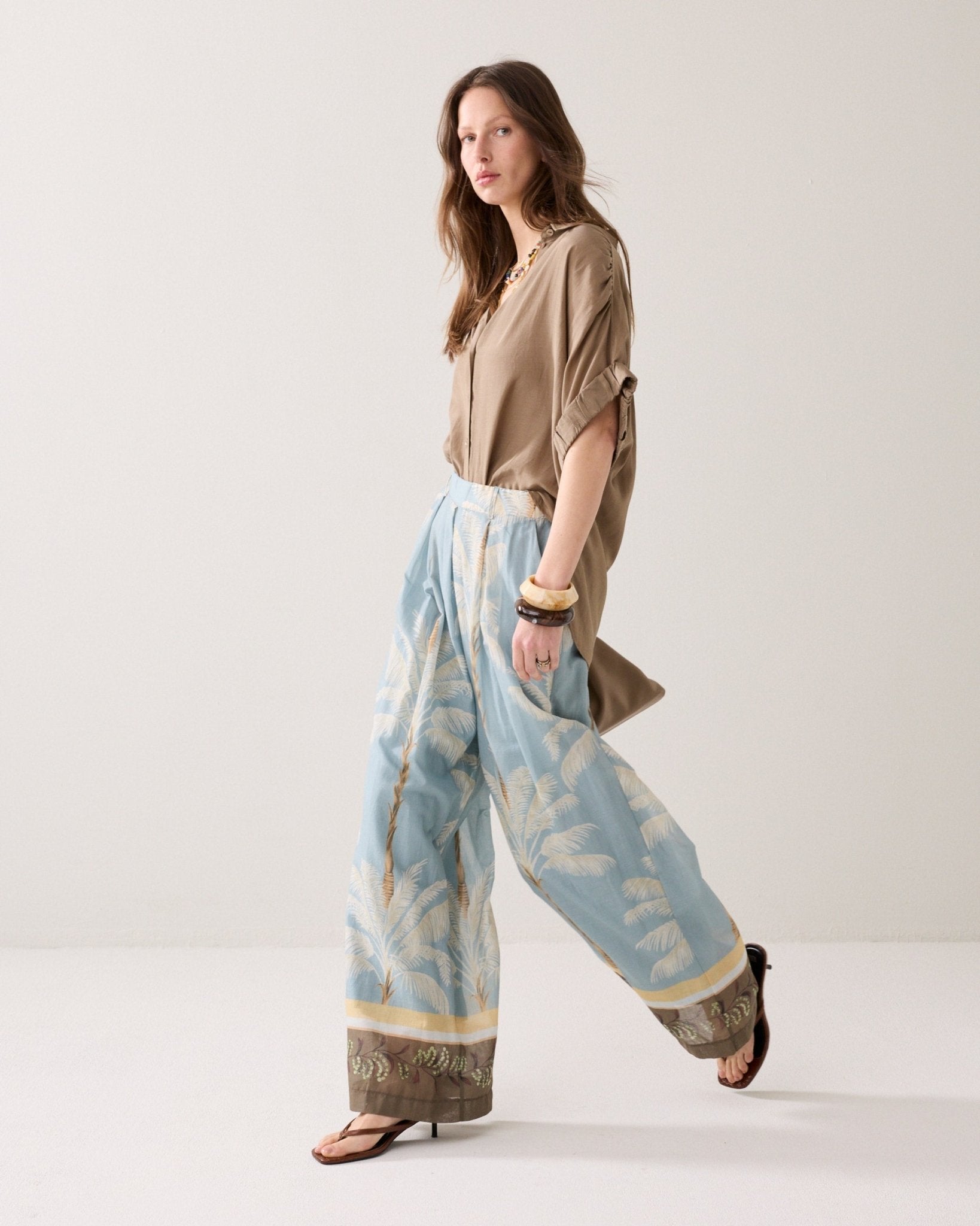 Shop Summum Woman Wide Leg Trouser Palm Tree Print Glacier Blue - Summum Woman