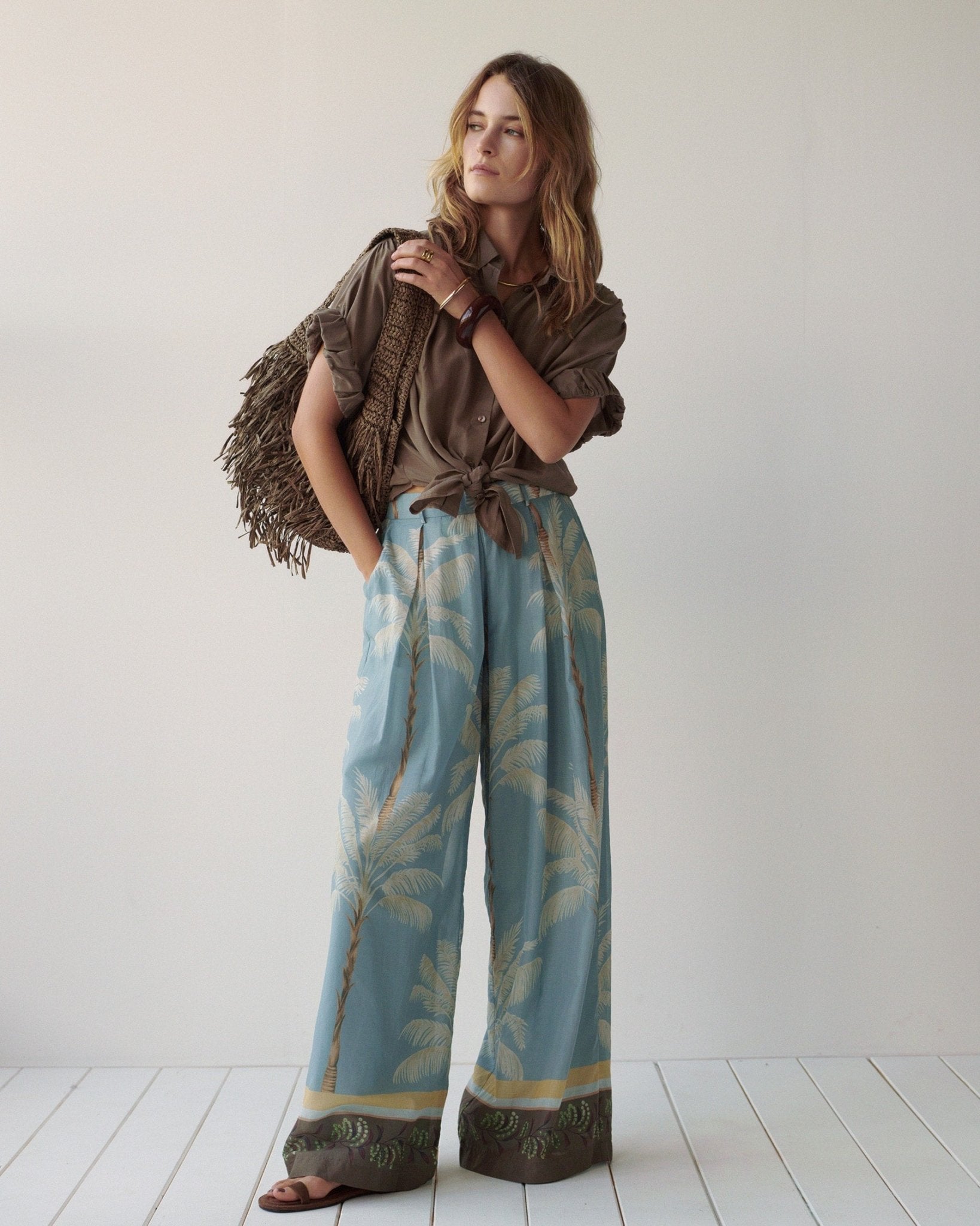 Shop Summum Woman Wide Leg Trouser Palm Tree Print Glacier Blue - Summum Woman